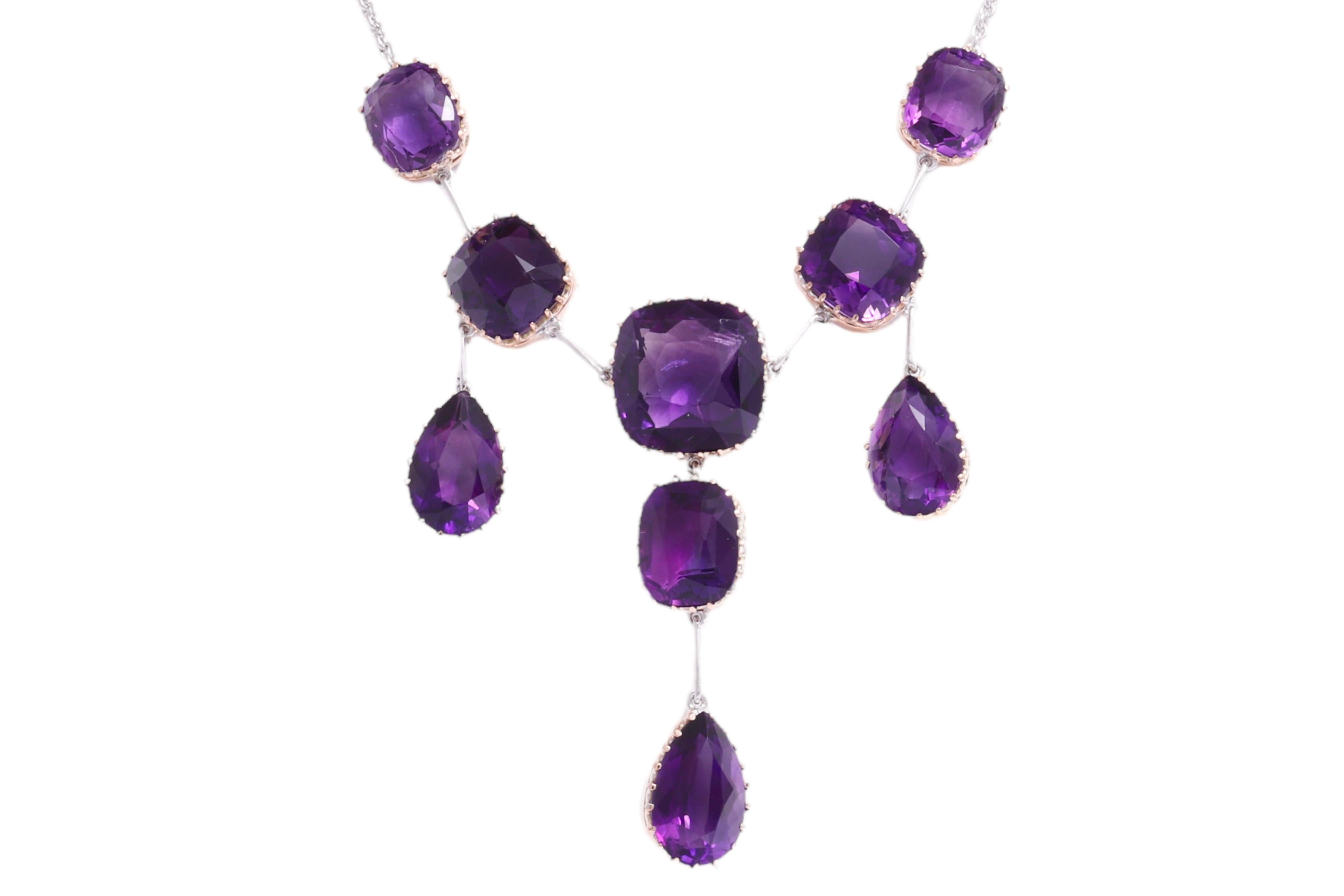Artisan Gorgeous Platinum / Gold Chandelier Drop Necklace With 55 ct. Amethyst Gemstones For Sale