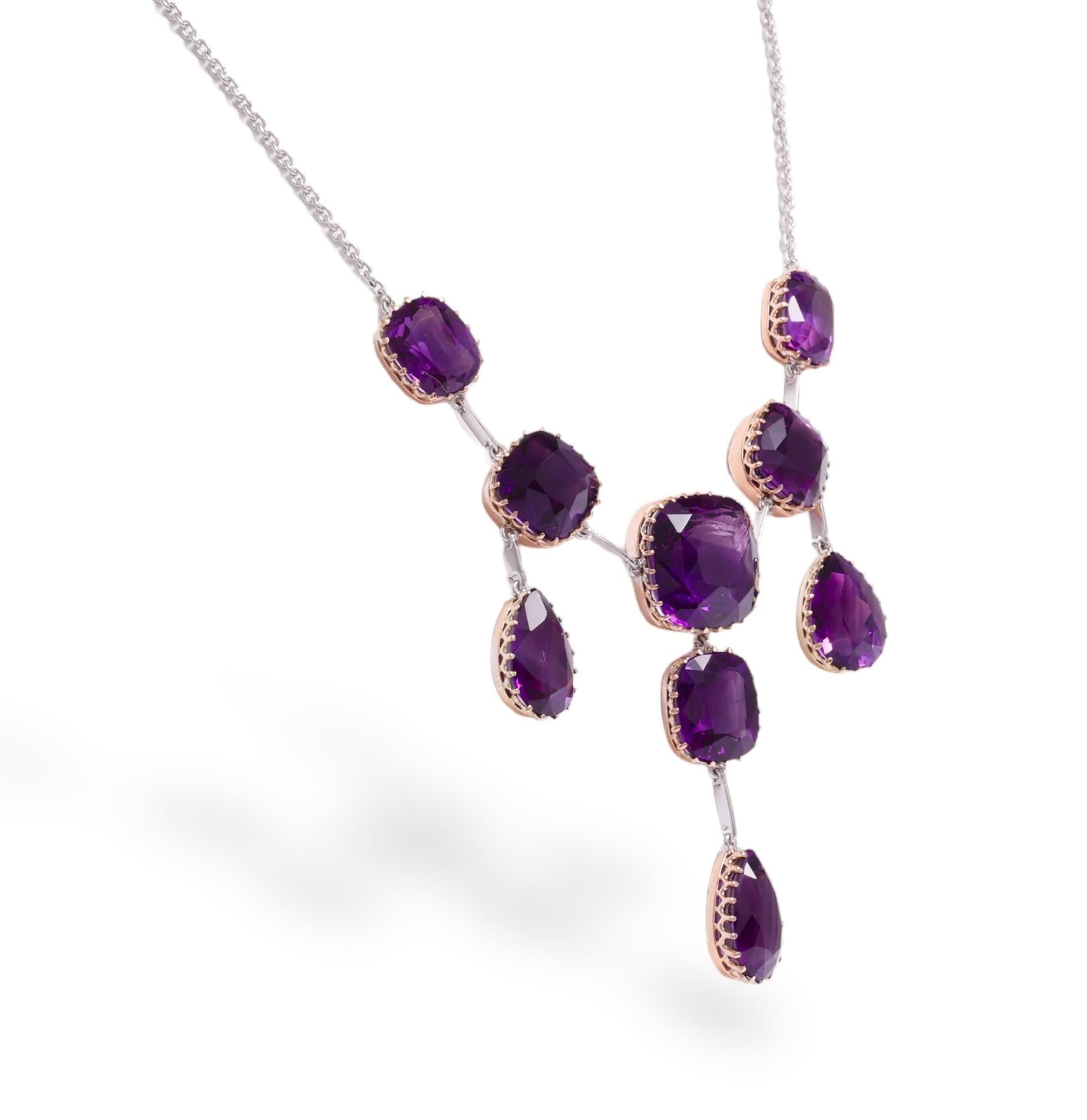 Women's Gorgeous Platinum / Gold Chandelier Drop Necklace With 55 ct. Amethyst Gemstones For Sale