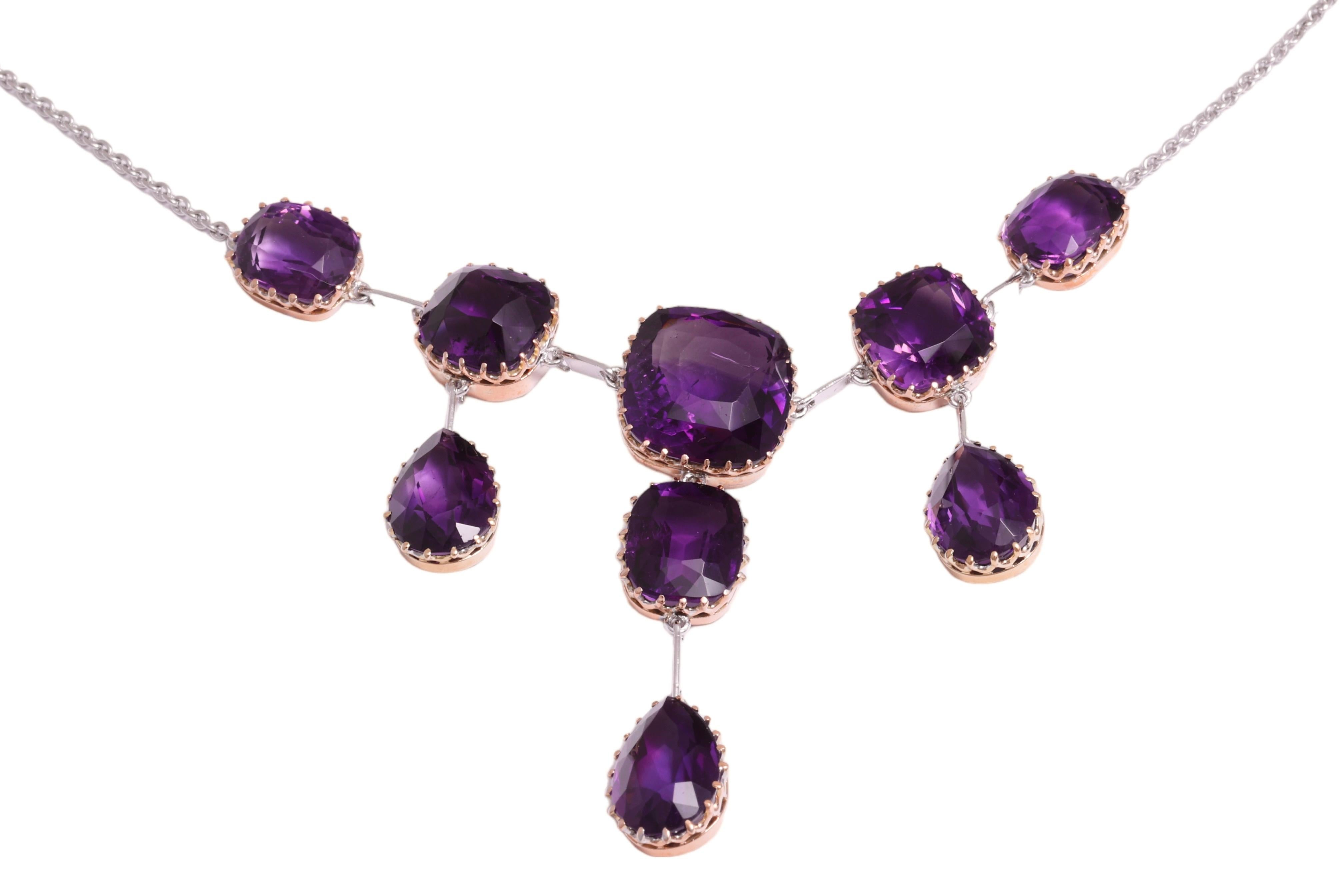 Gorgeous Platinum / Gold Chandelier Drop Necklace With 55 ct. Amethyst Gemstones For Sale 2