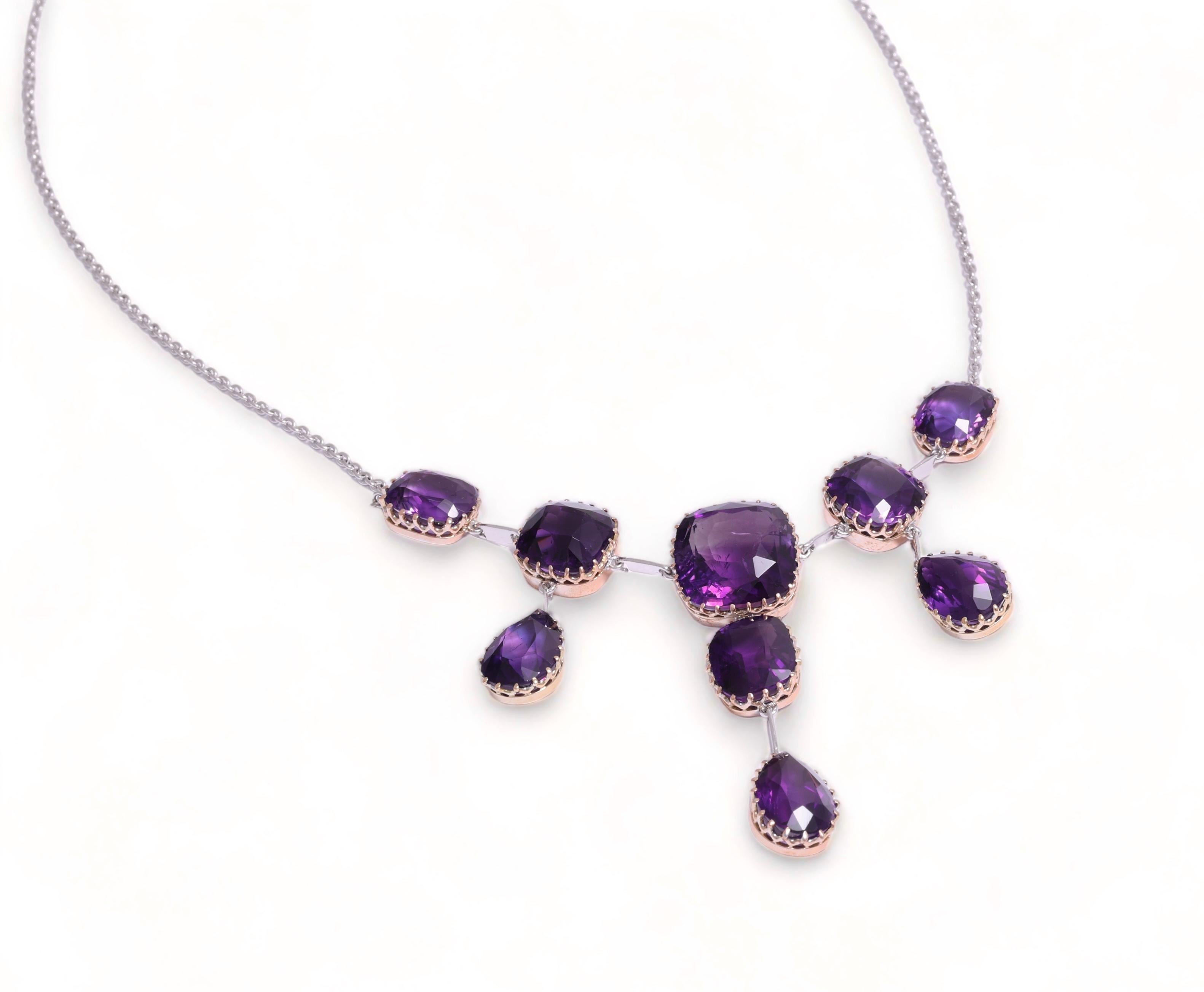 Gorgeous Platinum / Gold Chandelier Drop Necklace With 55 ct. Amethyst Gemstones For Sale 3