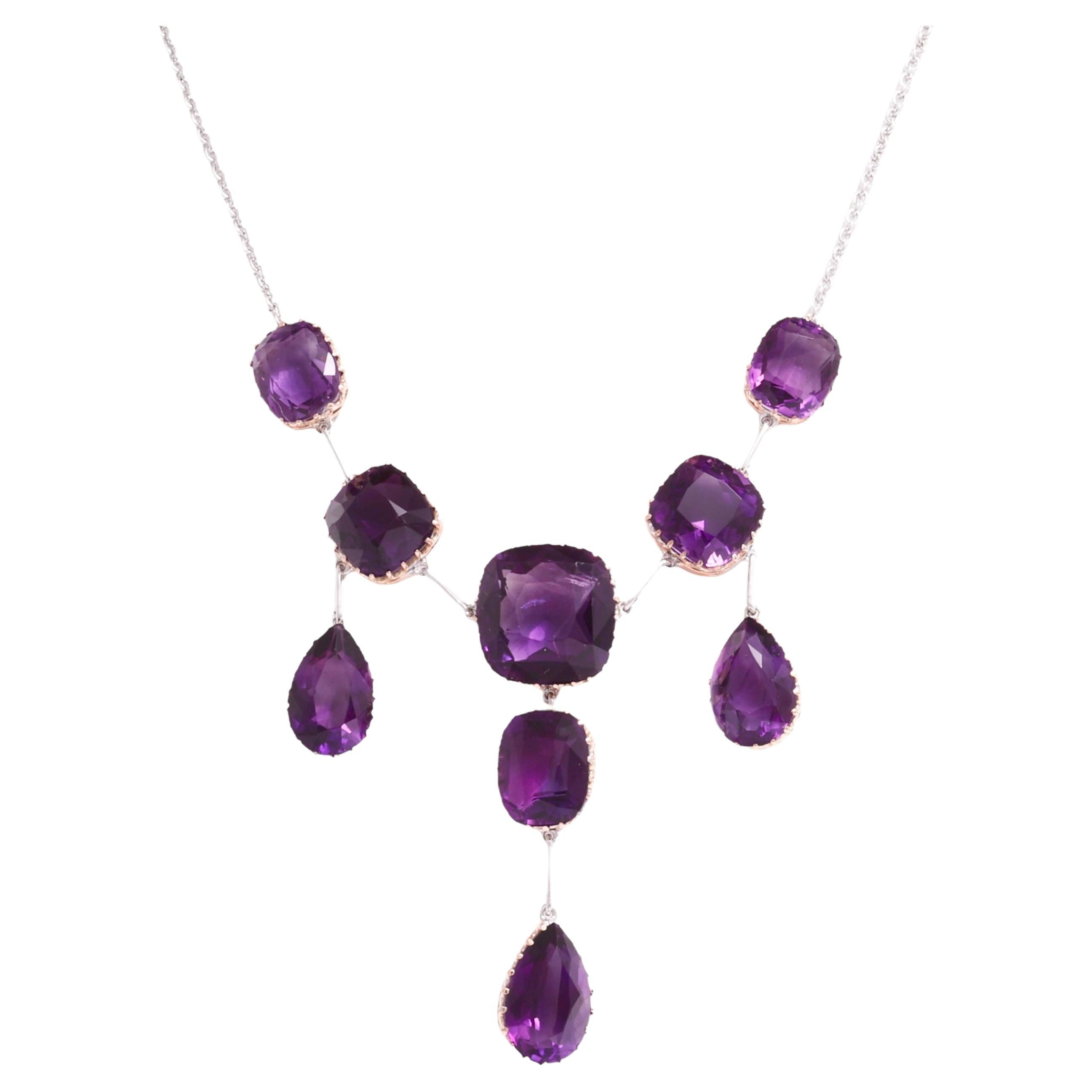 Gorgeous Platinum / Gold Chandelier Drop Necklace With 55 ct. Amethyst Gemstones For Sale