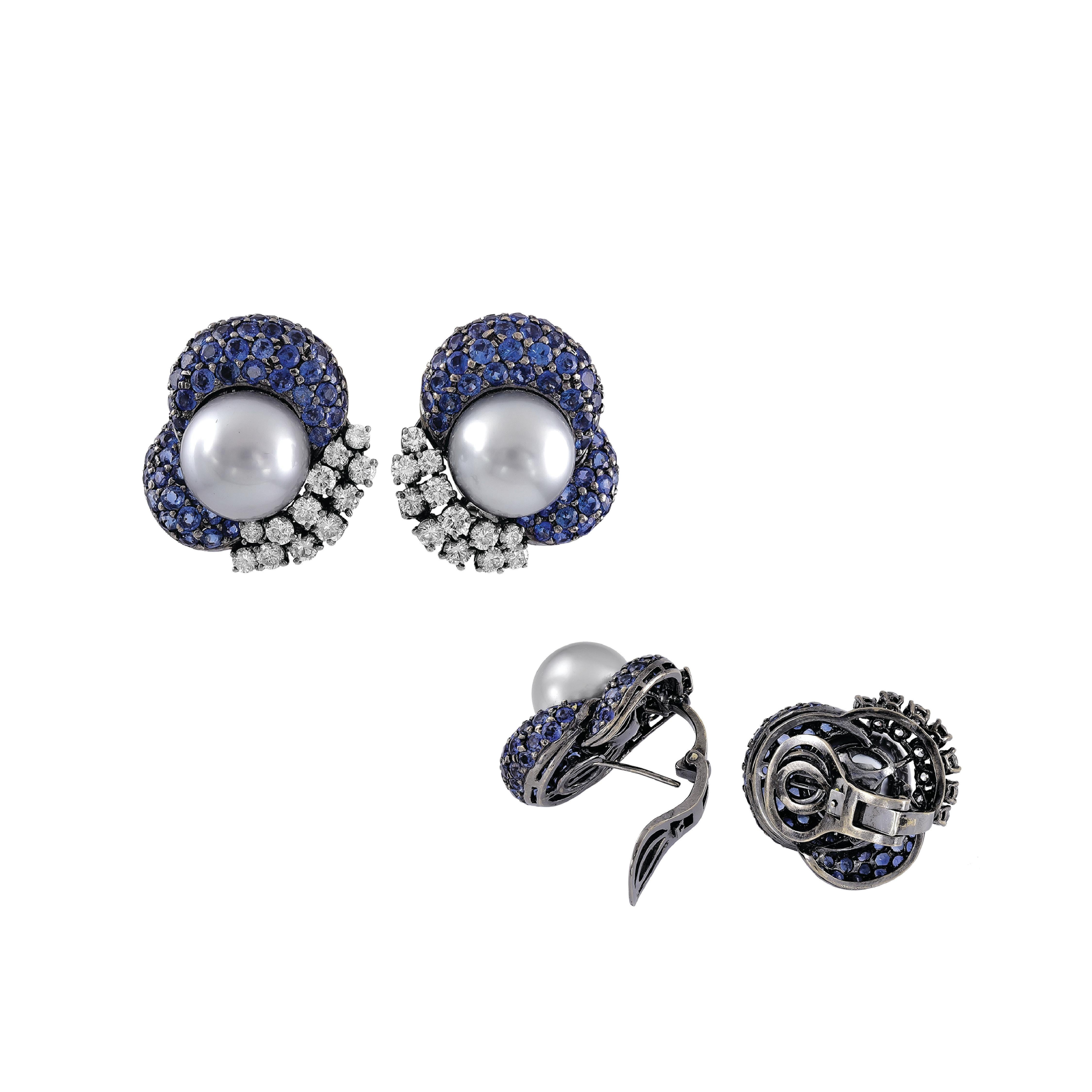 Round Cut Sophia D. Pearl and Blue Sapphire Platinum Earrings For Sale