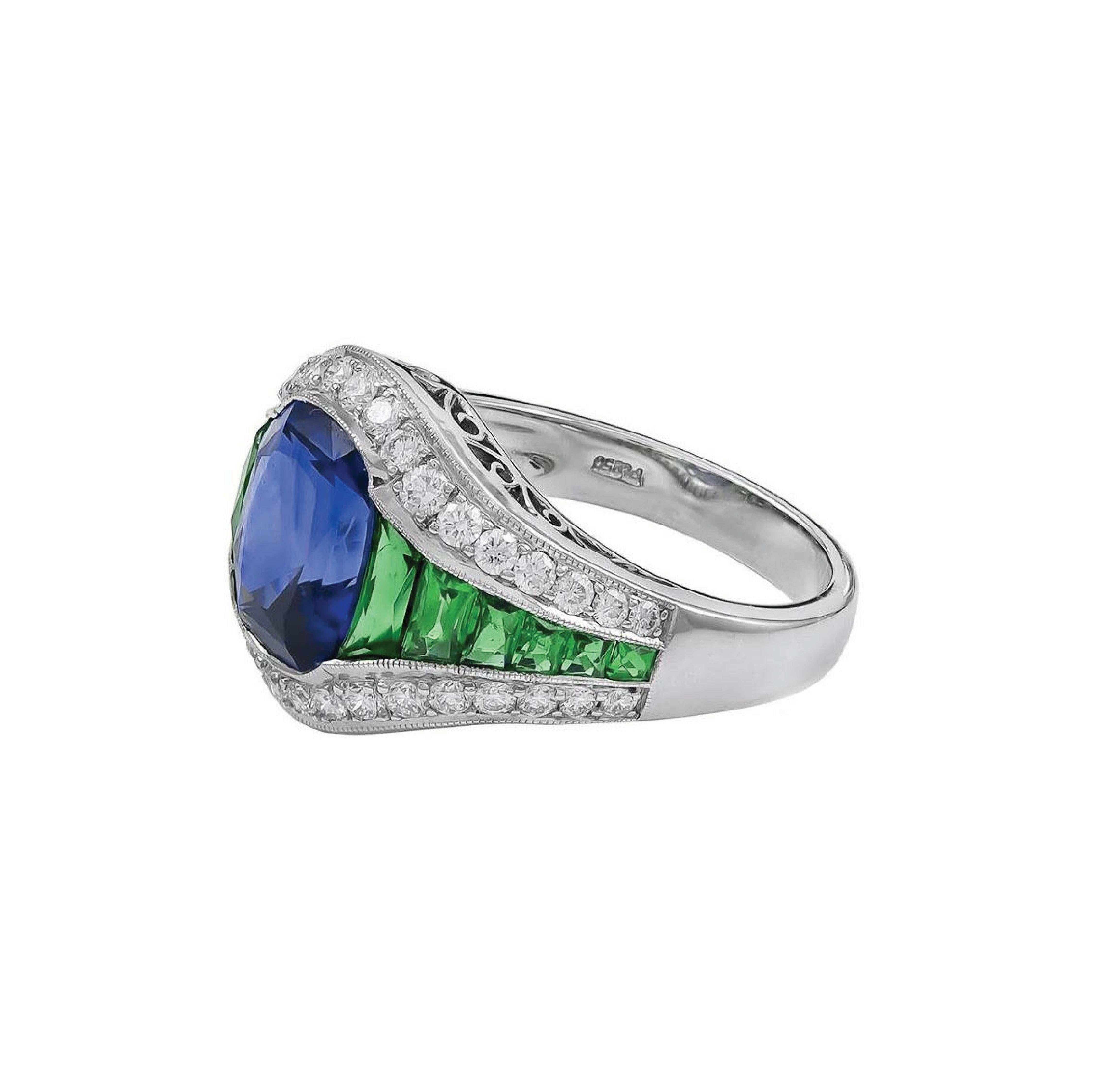 Art Deco inspired ring set in platinum that features 0.60 carats of emeralds, 0.45 carats of diamonds and GIA Certified 5.03 carats of Cushion Cut Sapphire Center 

Sophia D by Joseph Dardashti LTD has been known worldwide for 35 years and are