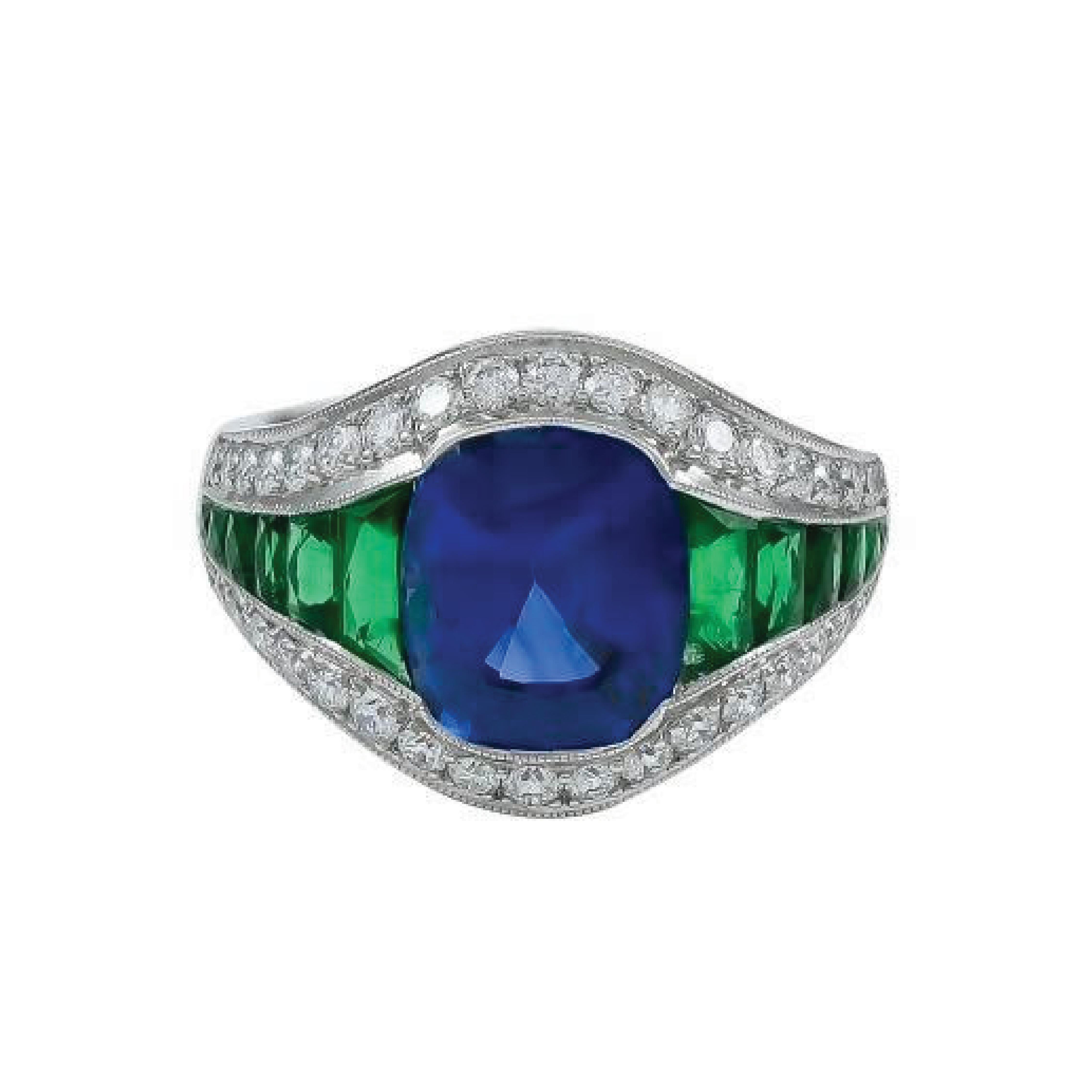 Cushion Cut Sophia D. GIA Certified Platinum Ring with Emerald, Diamond, and Sapphire Center For Sale