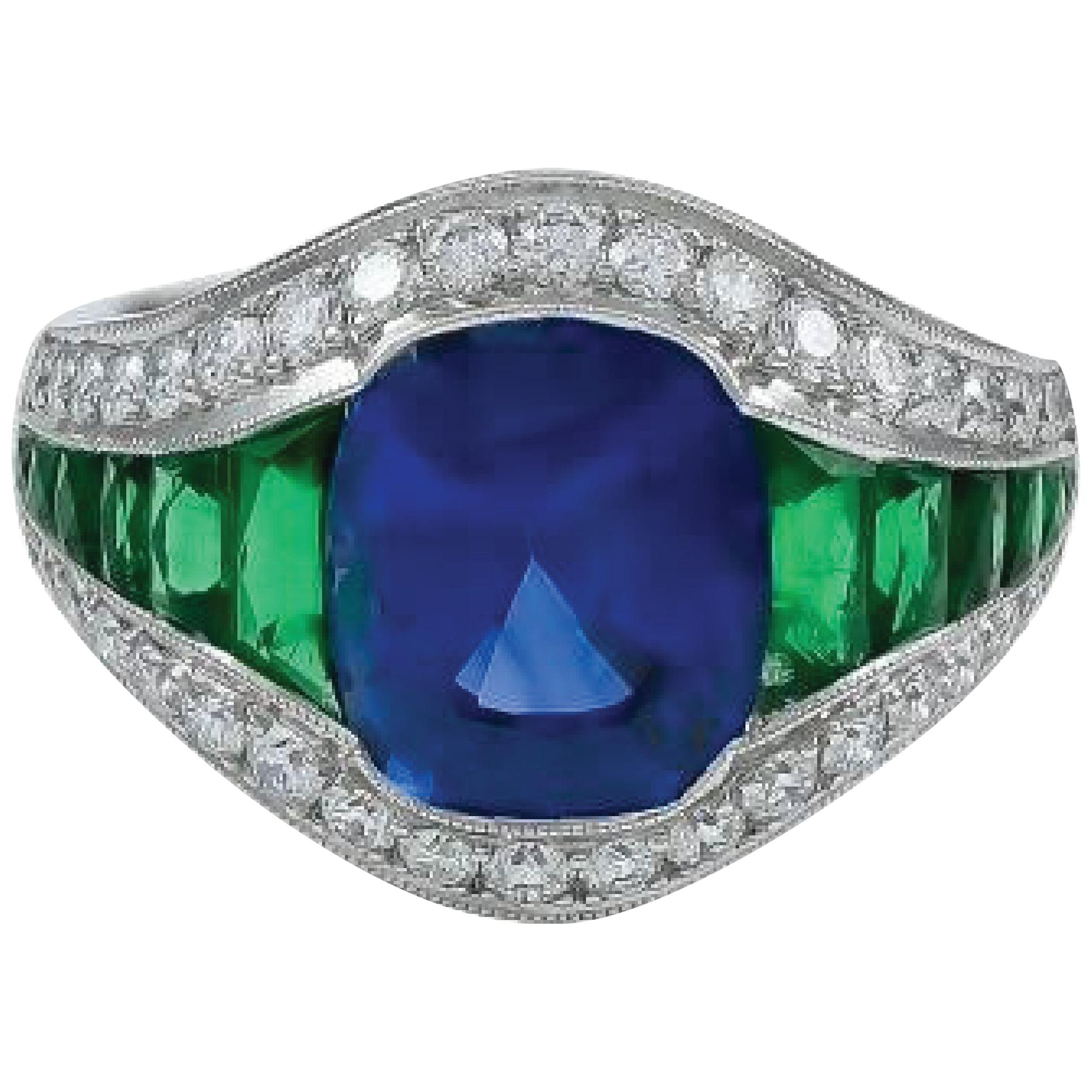 Sophia D. GIA Certified Platinum Ring with Emerald, Diamond, and Sapphire Center For Sale