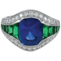 Sophia D. Anillo de platino con certificado GIA y centro de esmeralda, diamante y zafiro