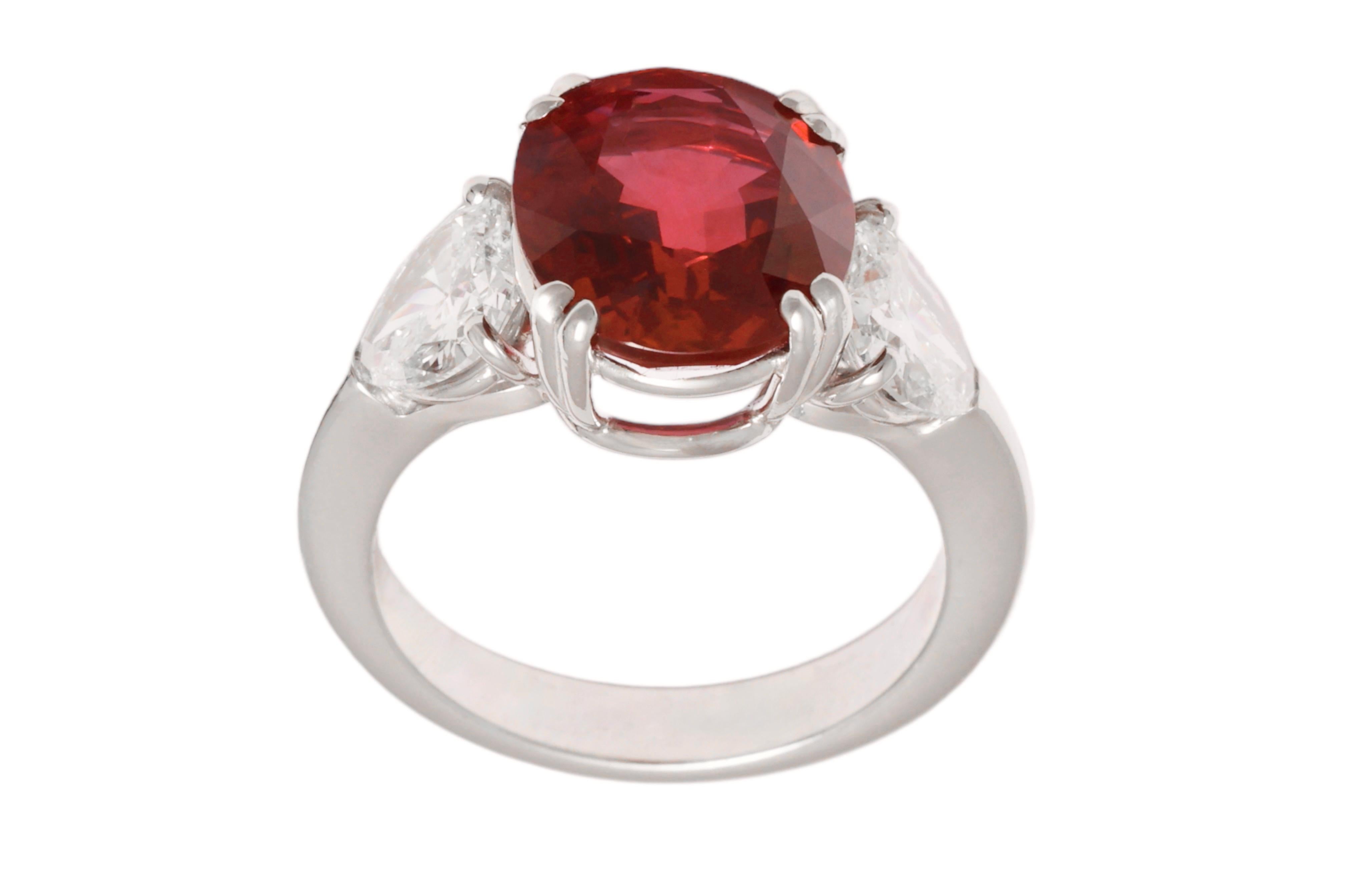 Artisan Gorgeous Platinum Ring with Vivid Red 5.53 Ct Ruby & 1.5 Ct Heart Shape Diamond For Sale