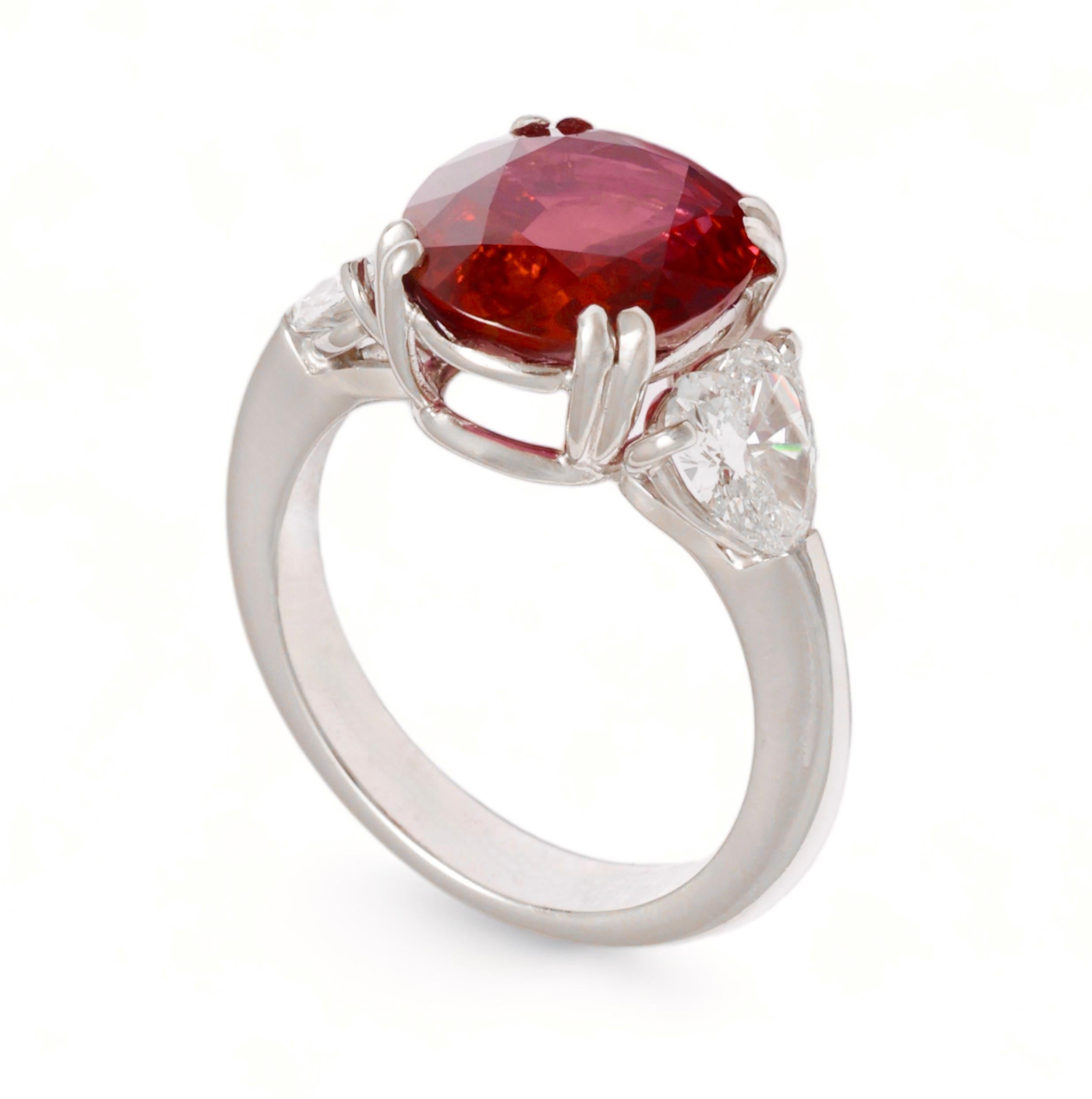 Cushion Cut Gorgeous Platinum Ring with Vivid Red 5.53 Ct Ruby & 1.5 Ct Heart Shape Diamond For Sale