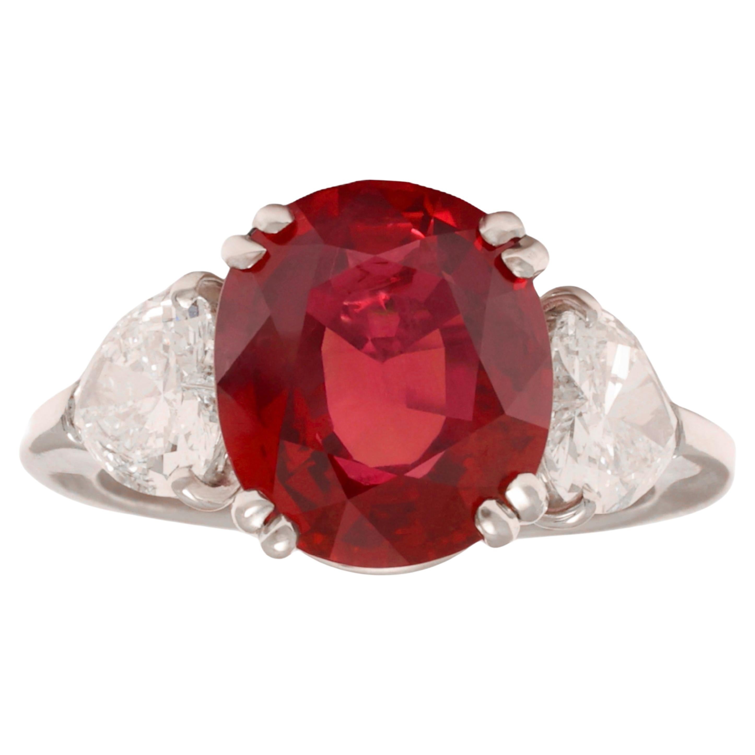 Gorgeous Platinum Ring with Vivid Red 5.53 Ct Ruby & 1.5 Ct Heart Shape Diamond For Sale
