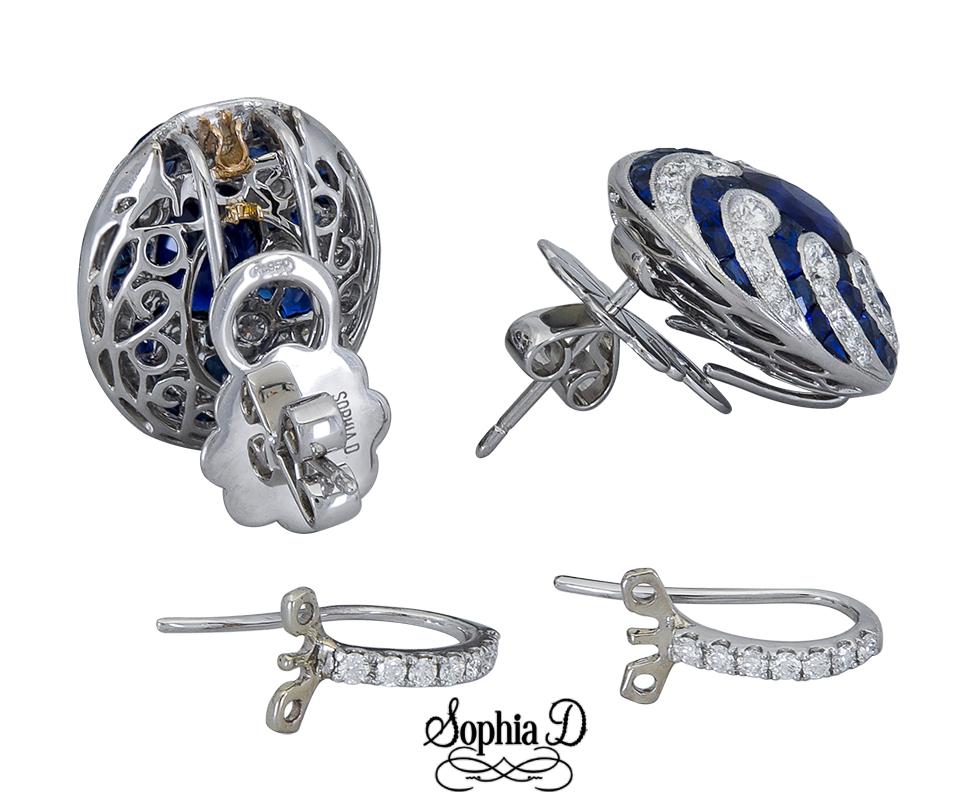 Taille française Sophia D Boucles d'oreilles Art déco en platine avec saphir bleu et diamants en vente