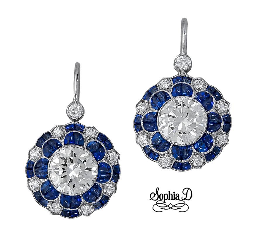 Art-Déco-Ohrringe aus Platin mit blauem Saphir und Diamanten von Sophia D. (Rundschliff) im Angebot