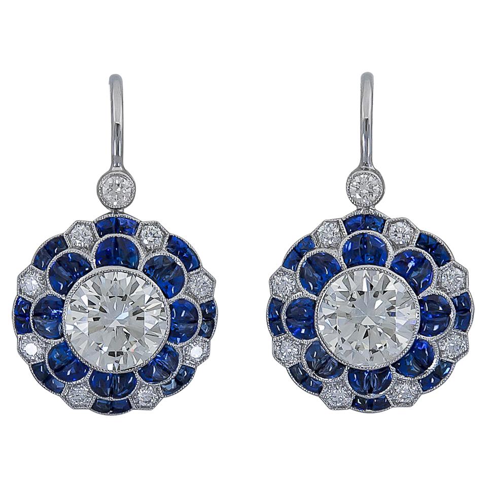 Blue Sapphire and Diamond Art Deco Earrings in Platinum by Sophia D. For Sale