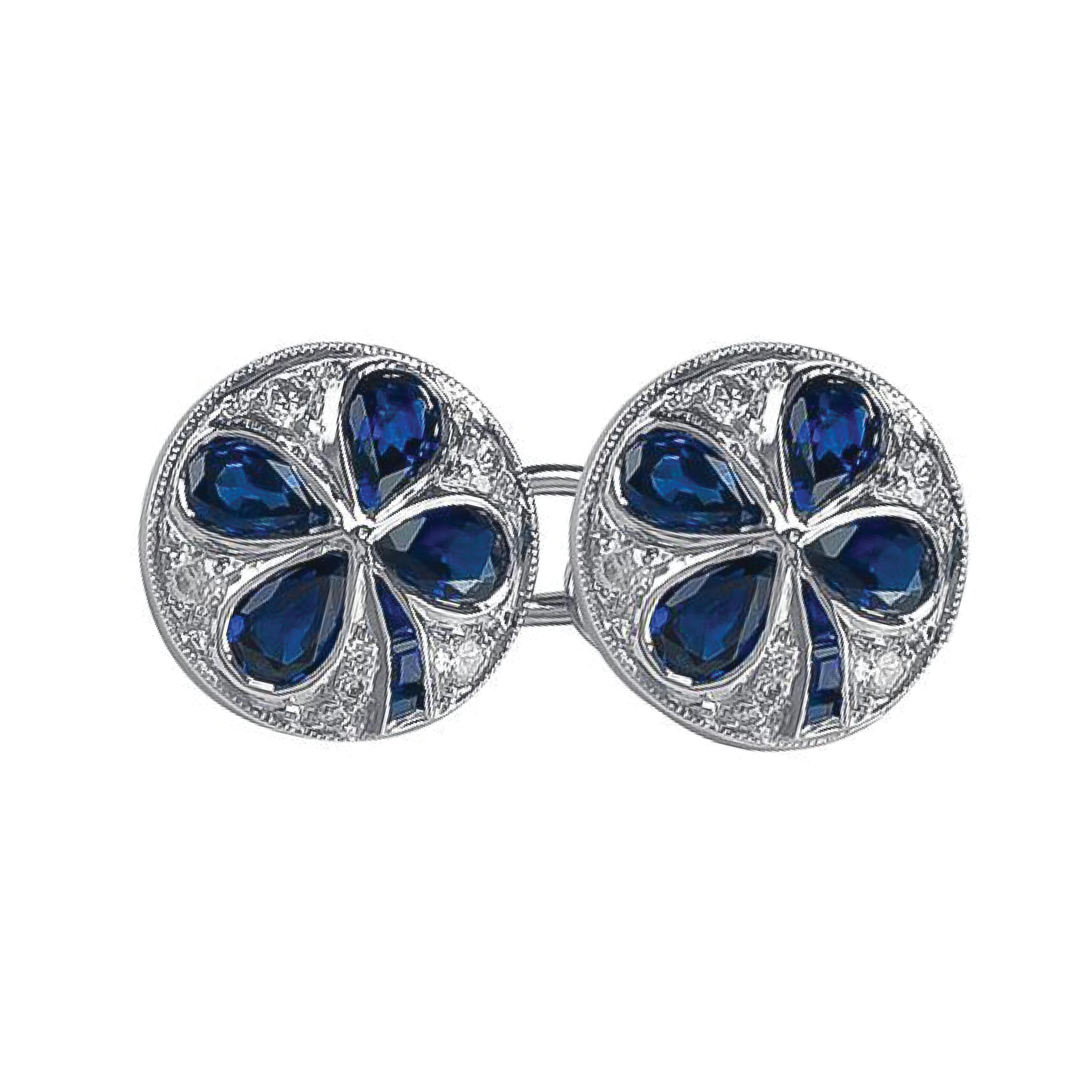 Sophia D. Manschettenknöpfe aus Platin mit blauem Saphir und Diamant (Tropfenschliff) im Angebot