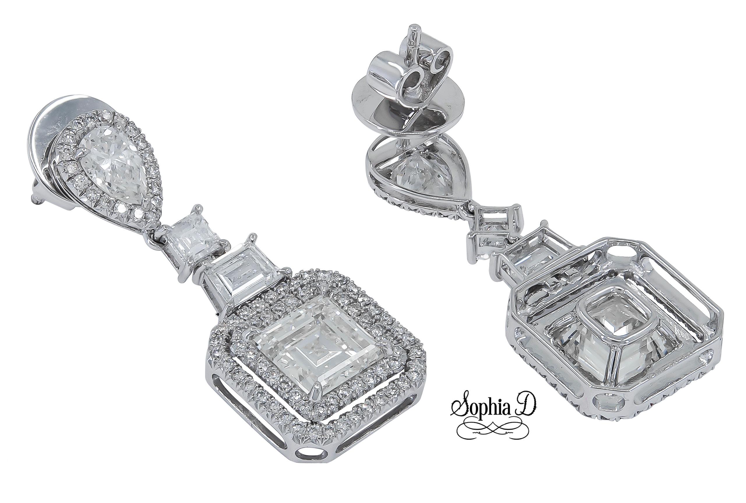 Gorgeous platinum square cut diamond earrings weighing 3.02 carats and surrounded by diamonds weighing a total of 2.12 carats.

Sophia D by Joseph Dardashti LTD has been known worldwide for 35 years and are inspired by classic Art Deco design that