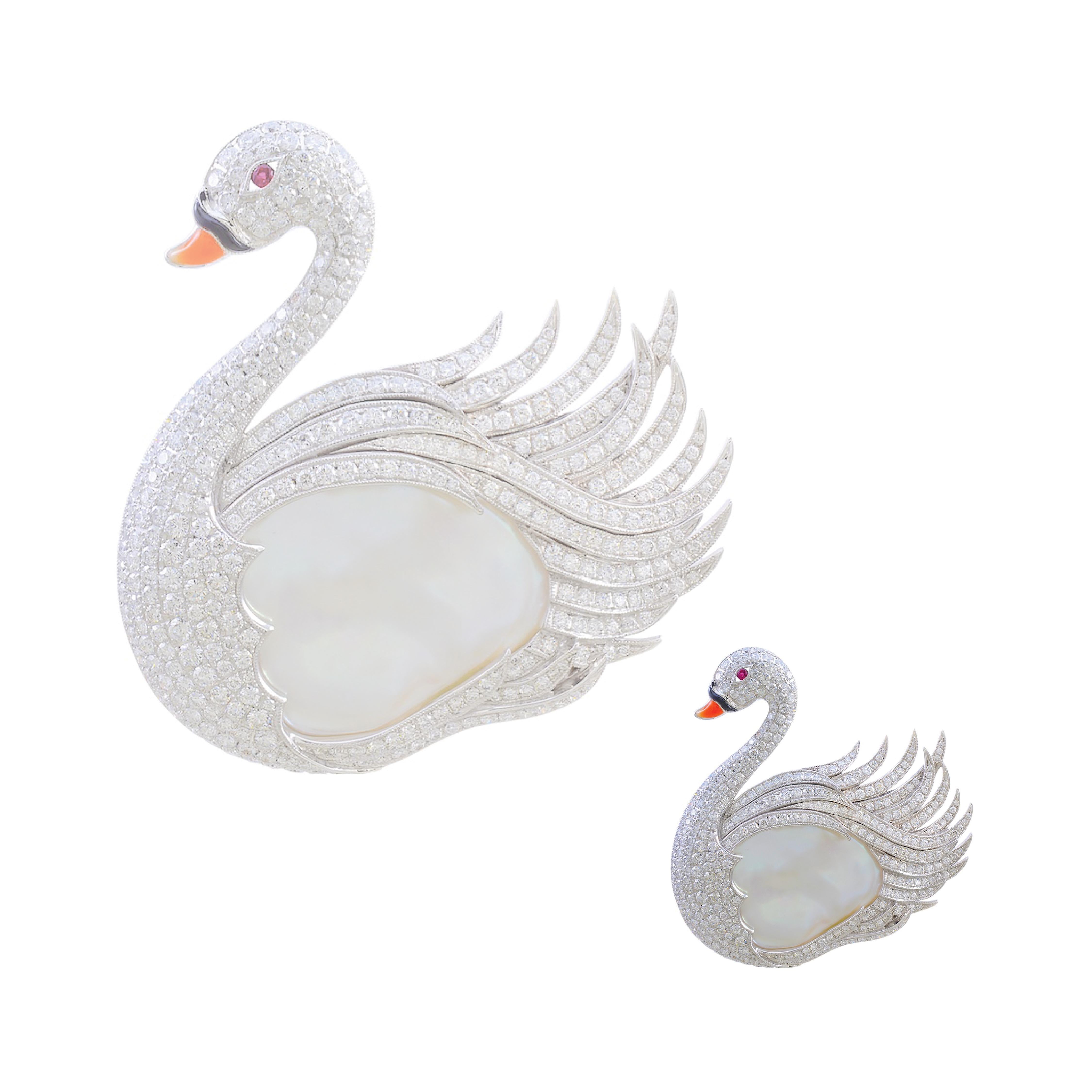 Platinum Set Swan Brooch with 4.60 carat Diamonds, Pearl center stone and Rubies as eyes. 