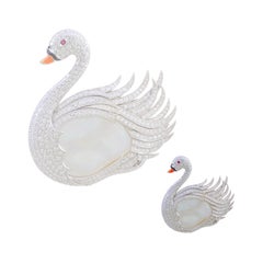 Sophia D, Pearl, Coral and 4.60 Carat Diamond Swan Brooch