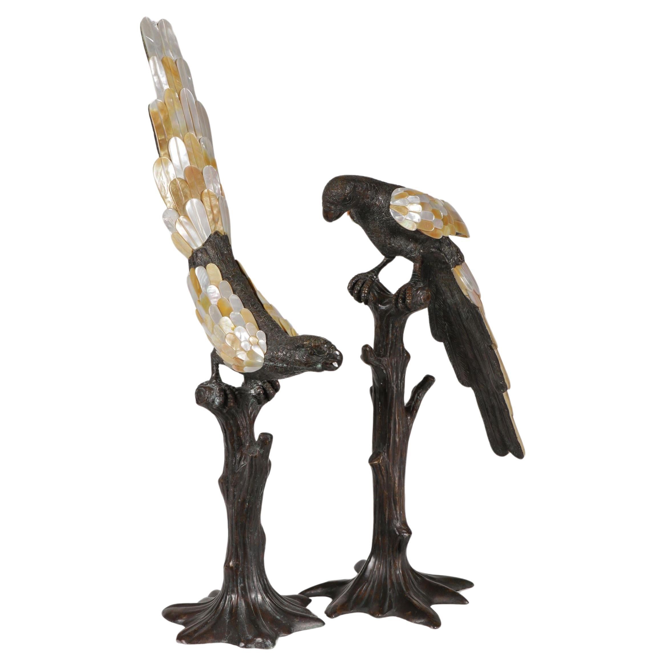 Gorgeous Rare Pair Maitland Smith Bronze Mother of Pearl Life Size Parrot Birds For Sale