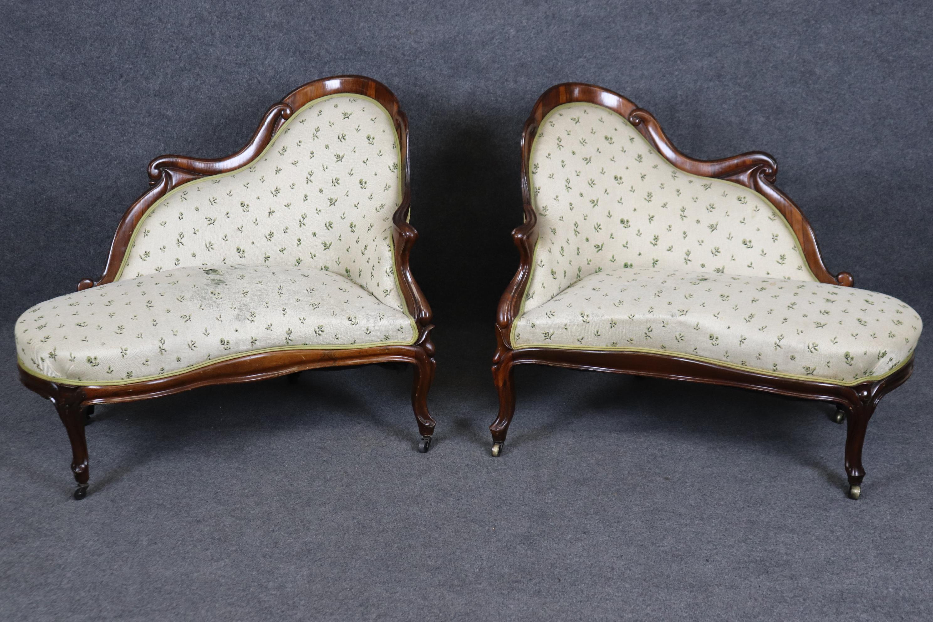 This is a gorgeous pair of attributed John Henry Belter laminated meridians. These are small recamiers and in good condition with some wear to the upholstery as the upholstery is very old. They would look fantastic in bright red velvet or blue silk.