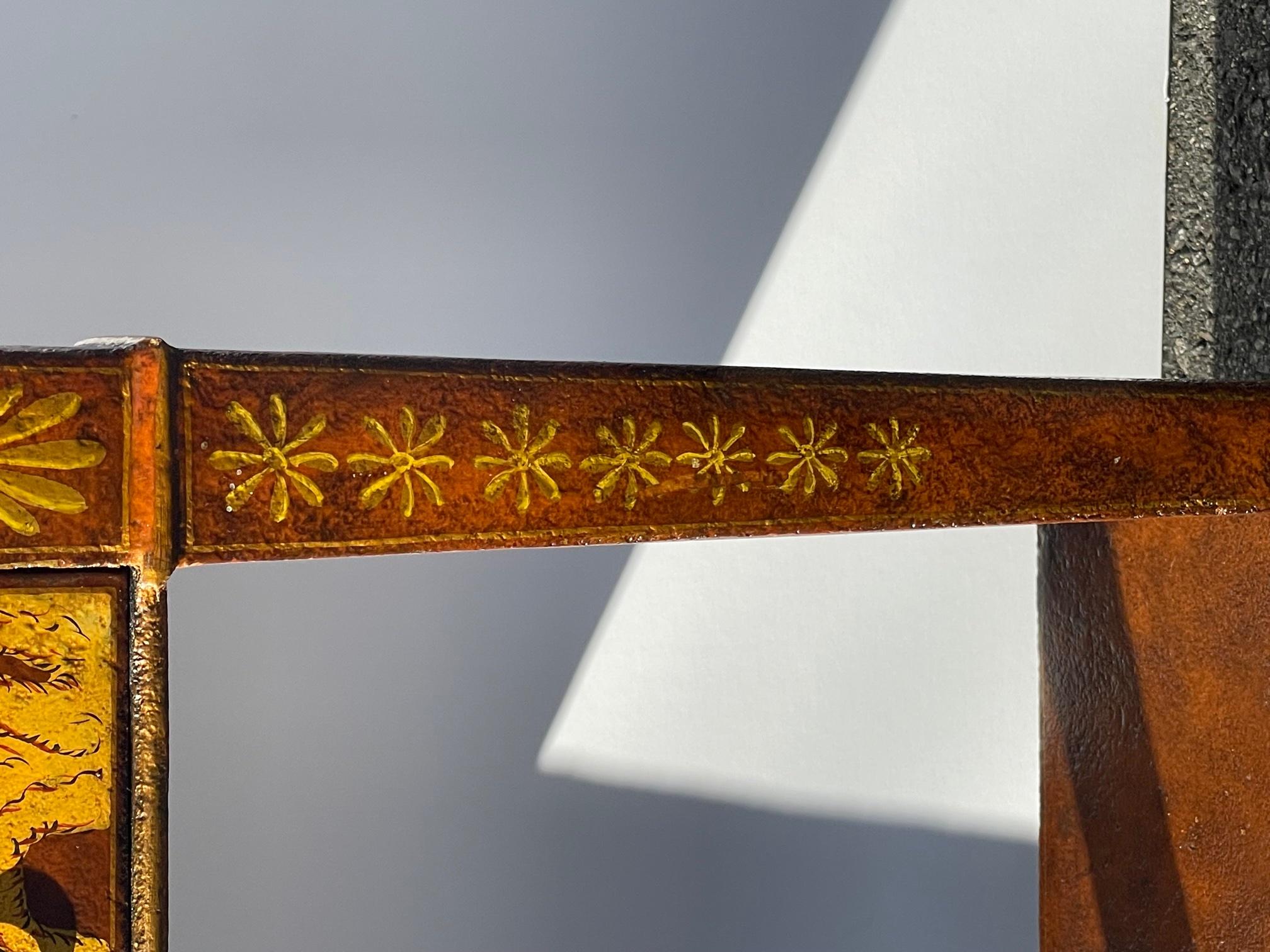 A richly decorated Chinoiserie style console table having distressed red lacquer background, lovely Asian motif of pagodas, foliage and birds, and single drawer. There's a bottom tier 8