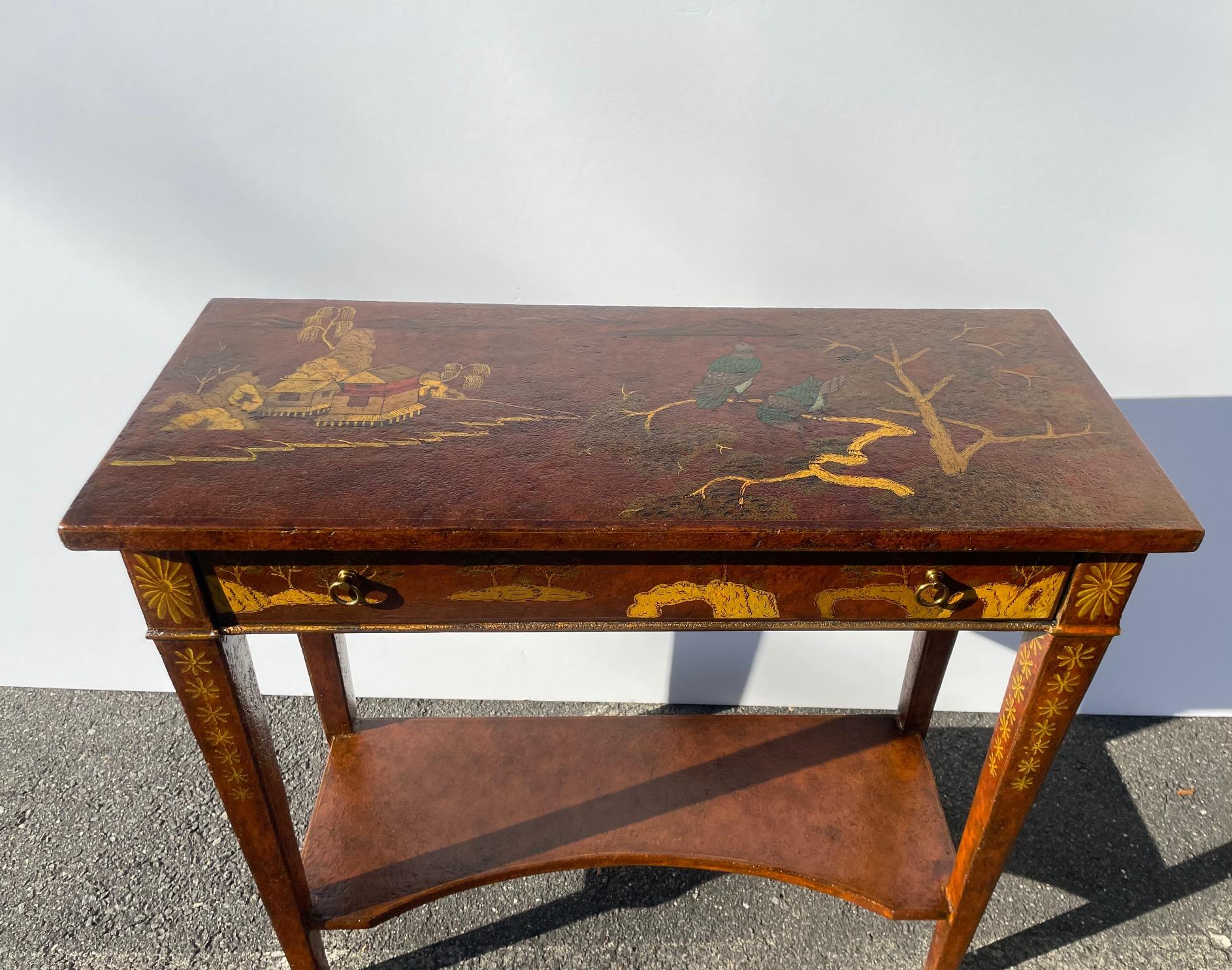 Gorgeous Red Lacquer and Meticulously Decorated Chinoiserie Style Console Table 1