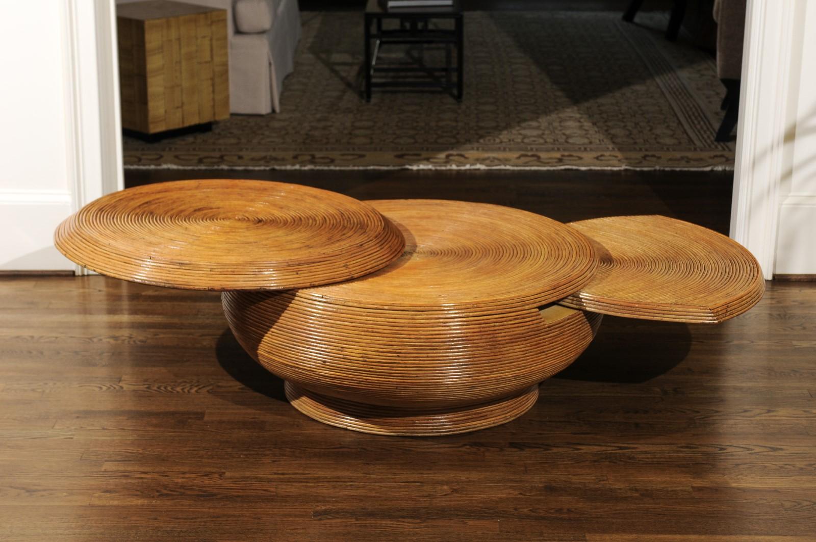 Gorgeous Restored Expandable Circular Bamboo Coffee Table, circa 1975 4