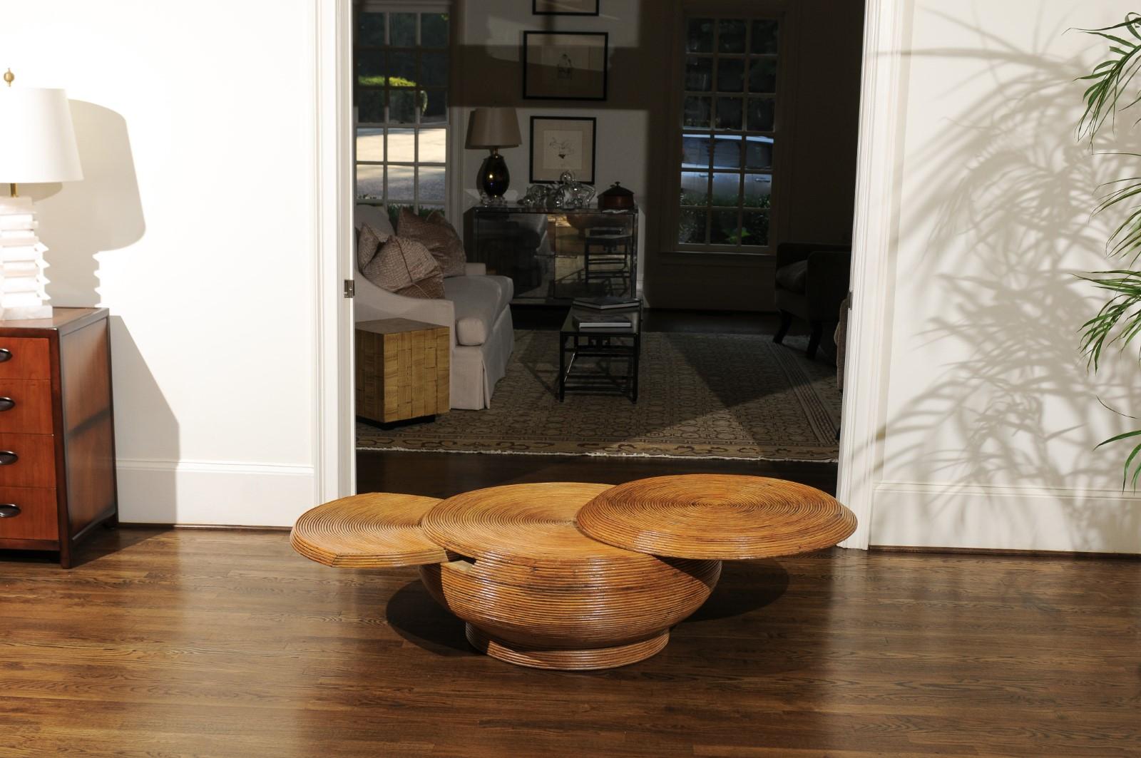 Mid-Century Modern Gorgeous Restored Expandable Circular Bamboo Coffee Table, circa 1975