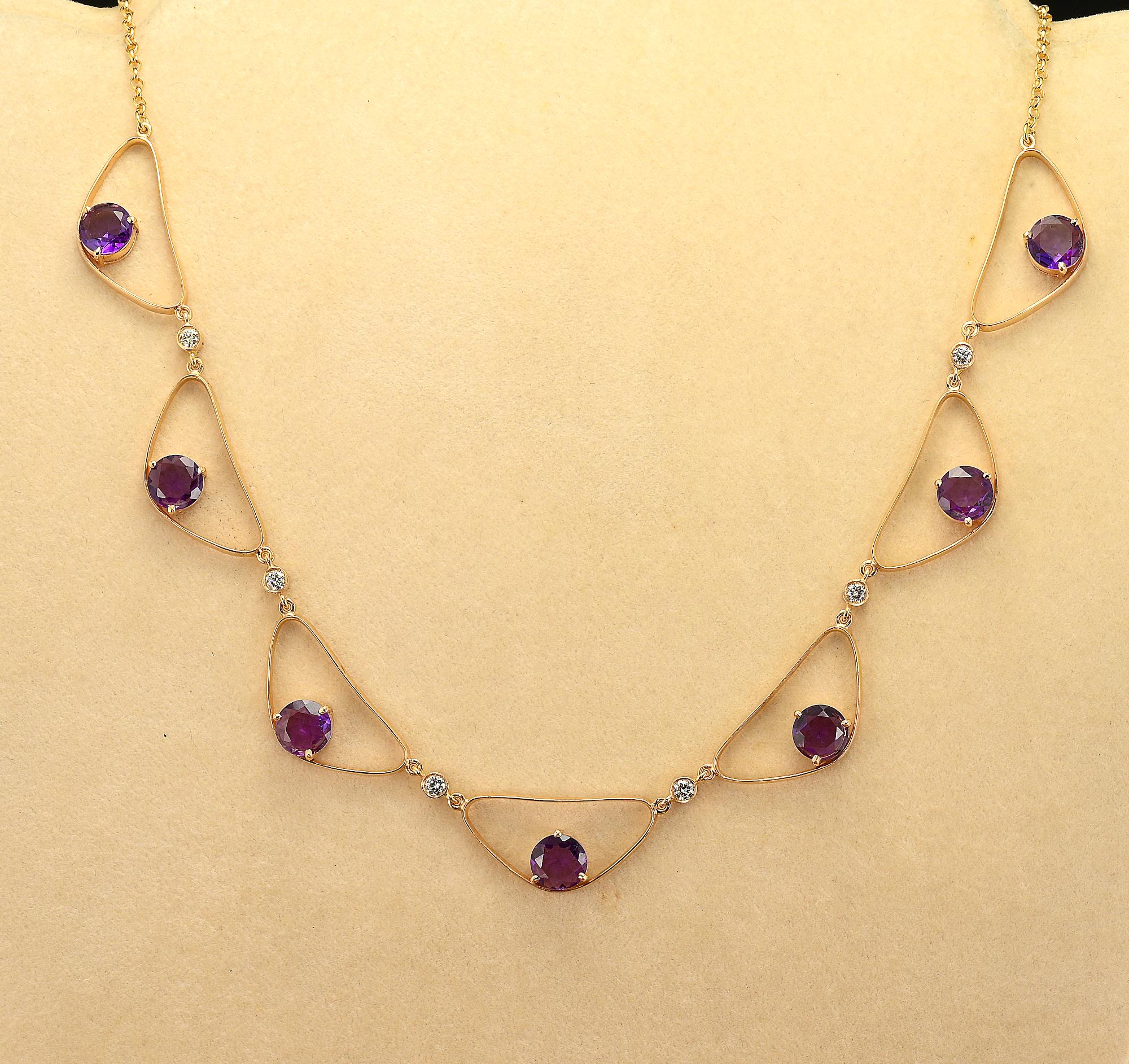 This gorgeous Retro period necklace is 1940 circa
Hand crafted of solid 18 KT gold in a lovely open work design set with round cut Amethyst and Diamond connecting each link
Approx. 8.00 Carats of fine Purple color Amethysts combined with 6 brilliant