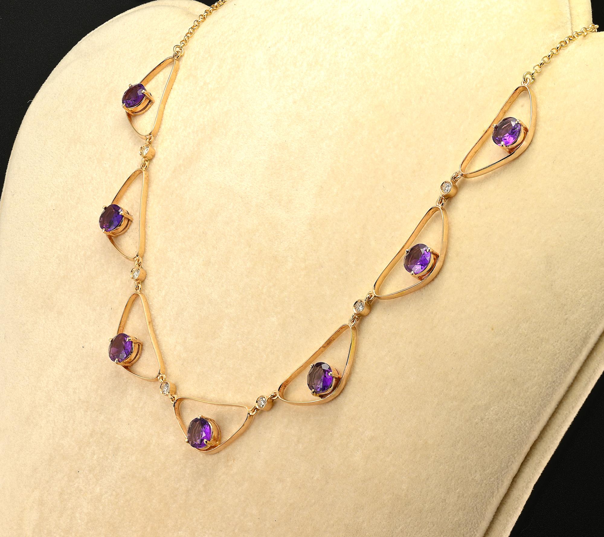Gorgeous Retro Amethyst Diamond 18 KT Necklace In Good Condition For Sale In Napoli, IT
