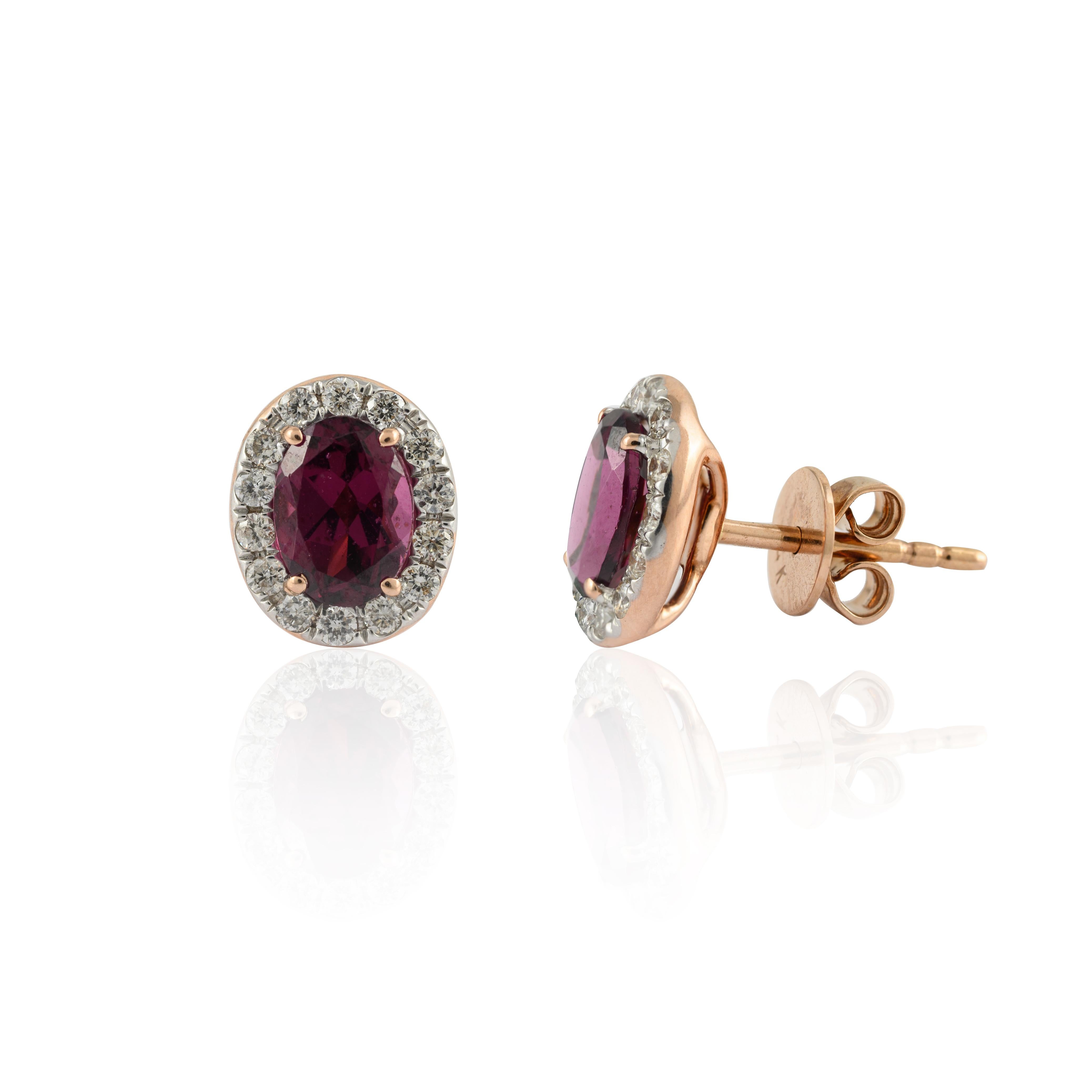 Oval Cut Gorgeous Rhodolite Garnet and Halo Diamond Stud Earrings 14k Rose Gold For Sale