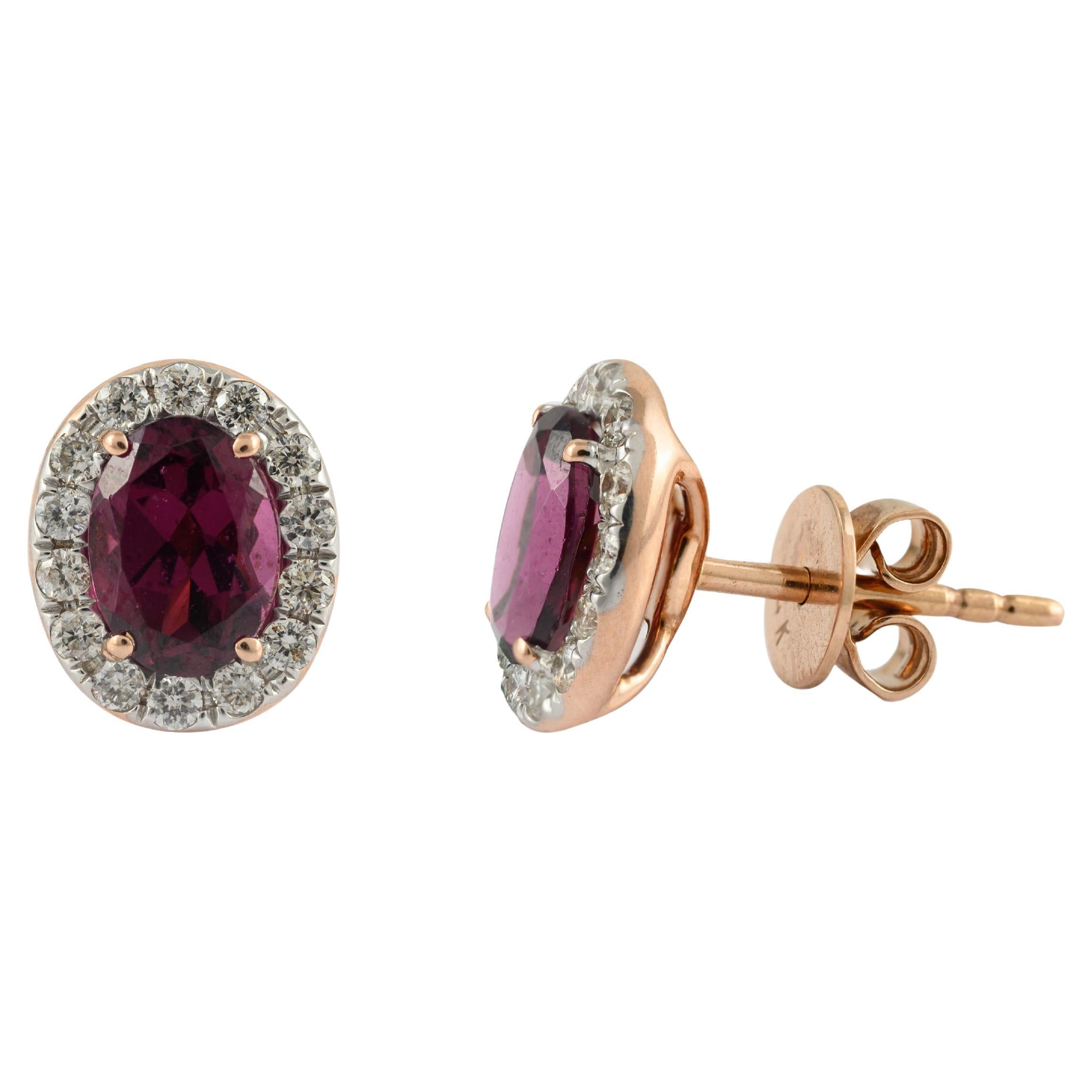 Gorgeous Rhodolite Garnet and Halo Diamond Stud Earrings 14k Rose Gold
