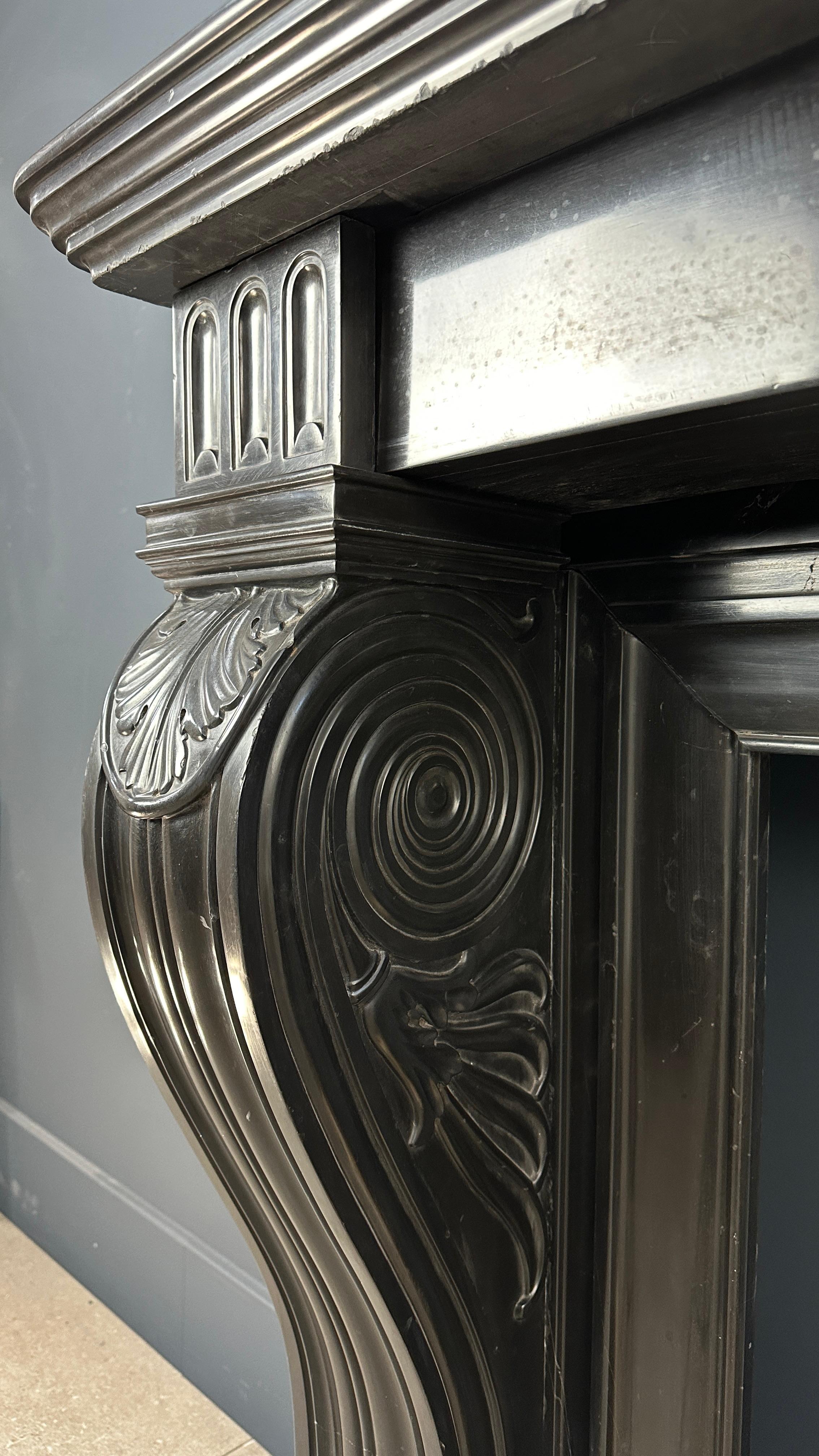 Gorgeous Richly Decorated Front Fireplace Surround in Noir De Mazy Black Marble For Sale 2