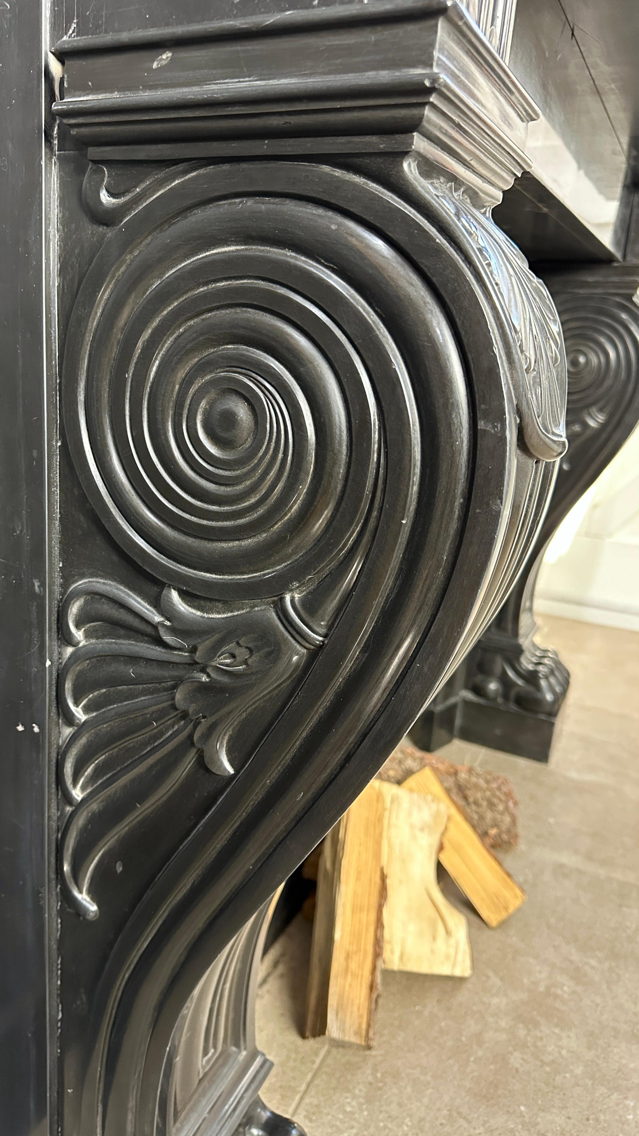 Gorgeous Richly Decorated Front Fireplace Surround in Noir De Mazy Black Marble For Sale 3