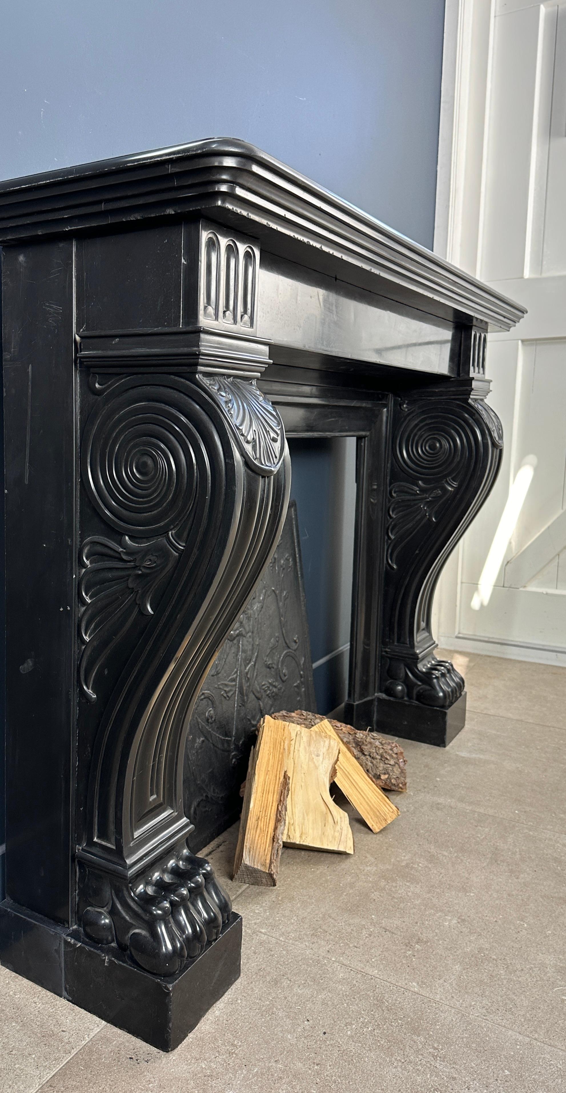 Gorgeous Richly Decorated Front Fireplace Surround in Noir De Mazy Black Marble For Sale 4