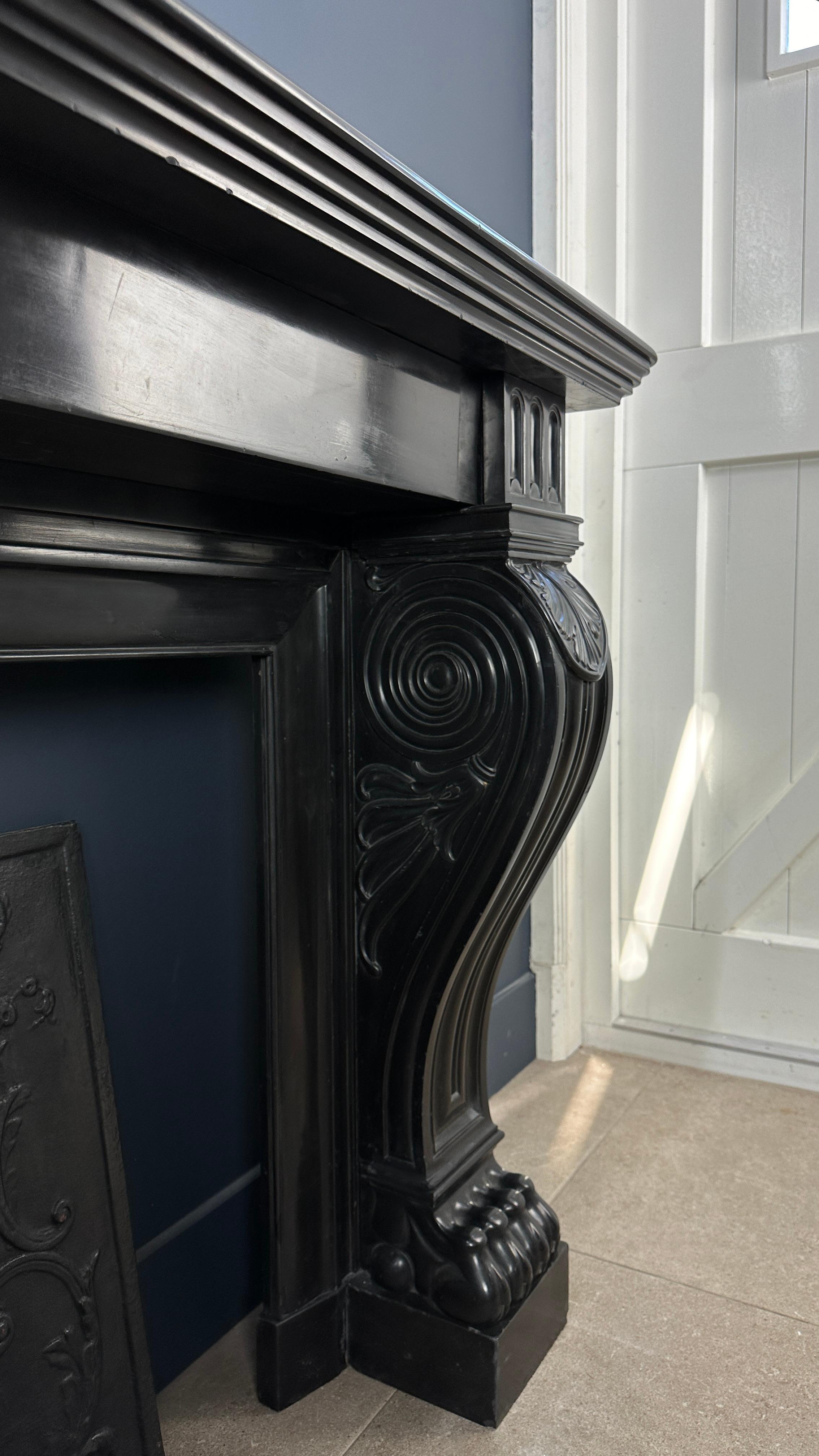 Gorgeous Richly Decorated Front Fireplace Surround in Noir De Mazy Black Marble For Sale 6