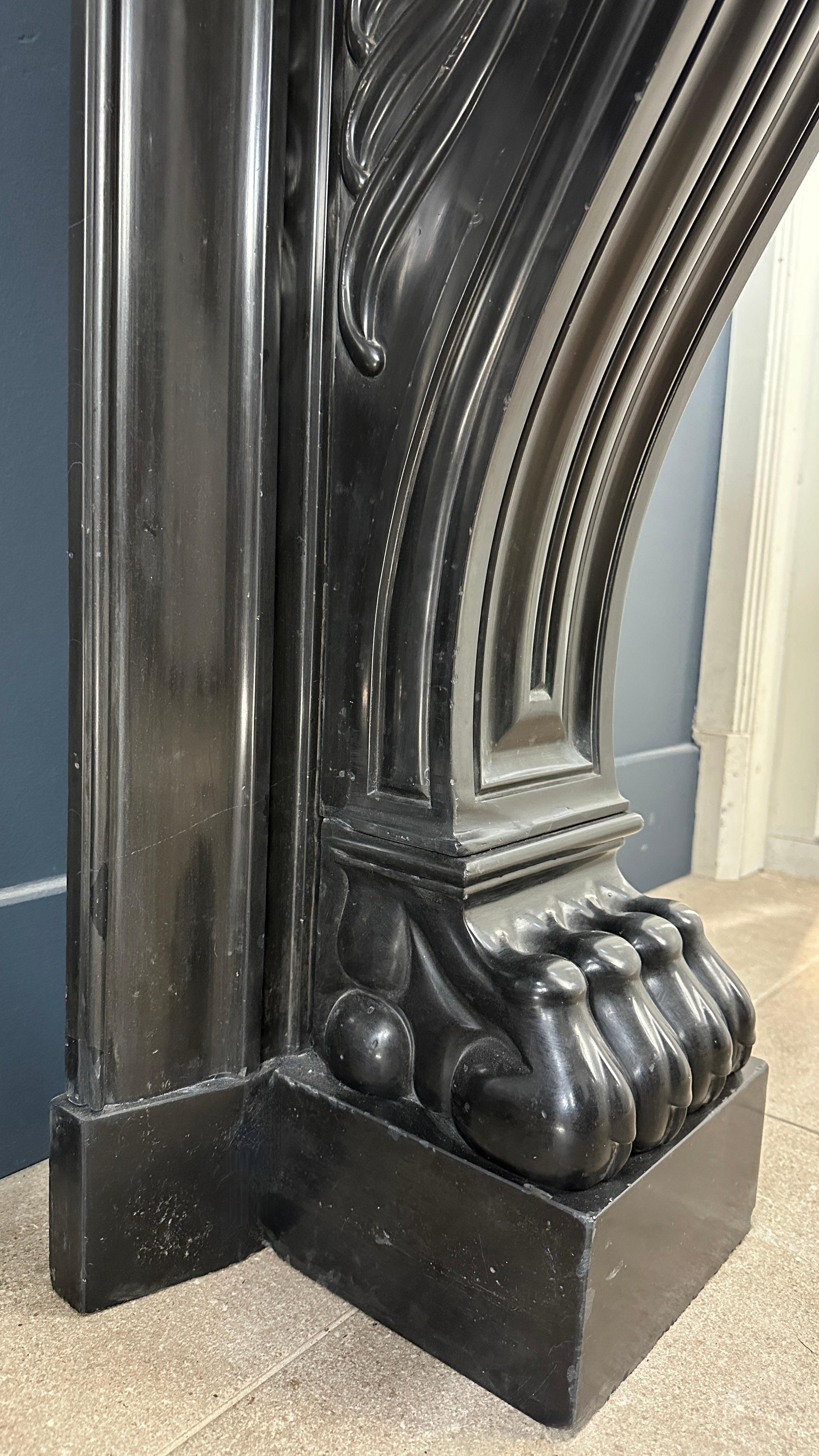 Gorgeous Richly Decorated Front Fireplace Surround in Noir De Mazy Black Marble For Sale 7