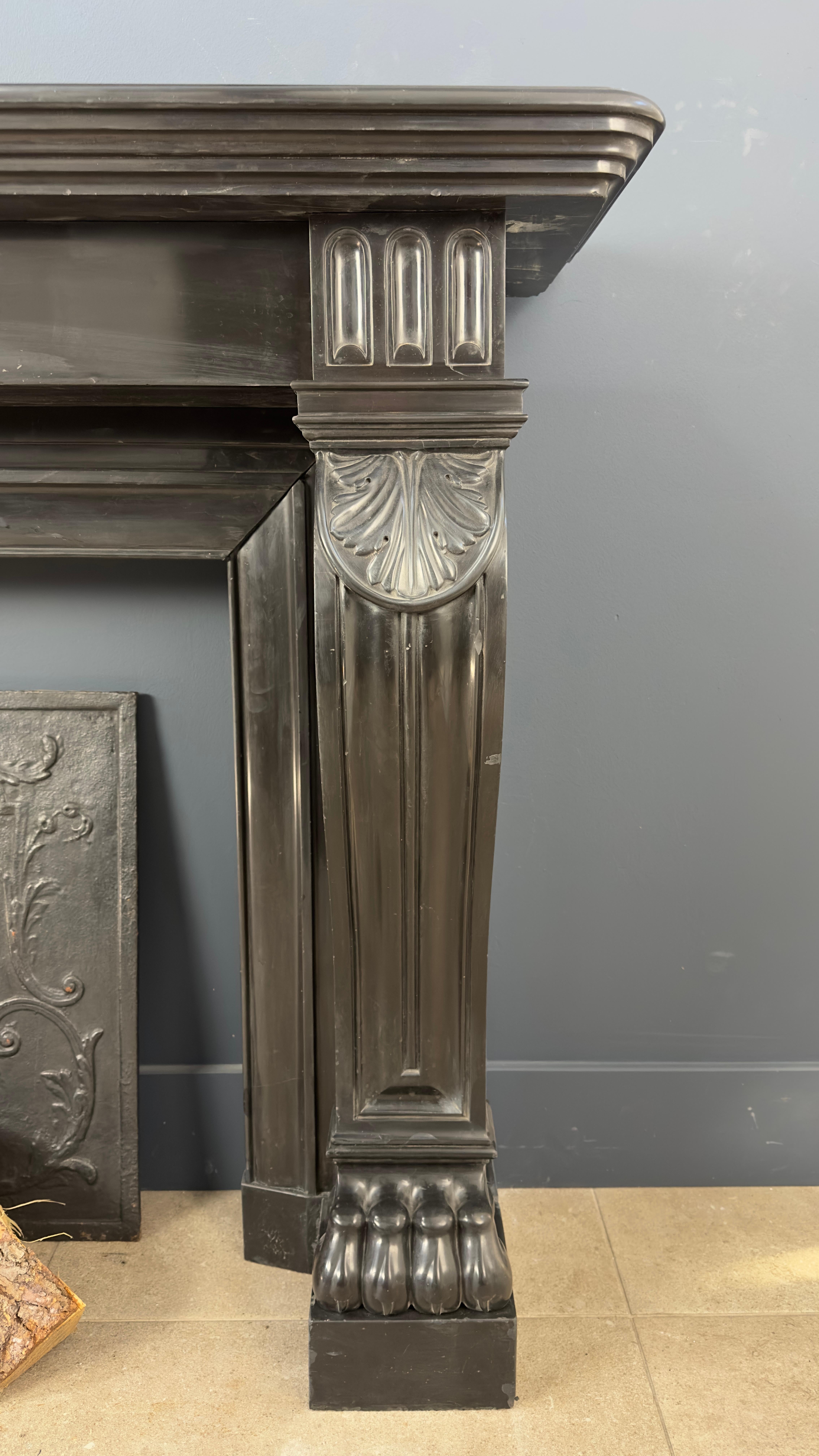 Gorgeous Richly Decorated Front Fireplace Surround in Noir De Mazy Black Marble For Sale 1