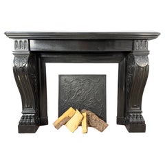 Antique Gorgeous Richly Decorated Front Fireplace Surround in Noir De Mazy Black Marble