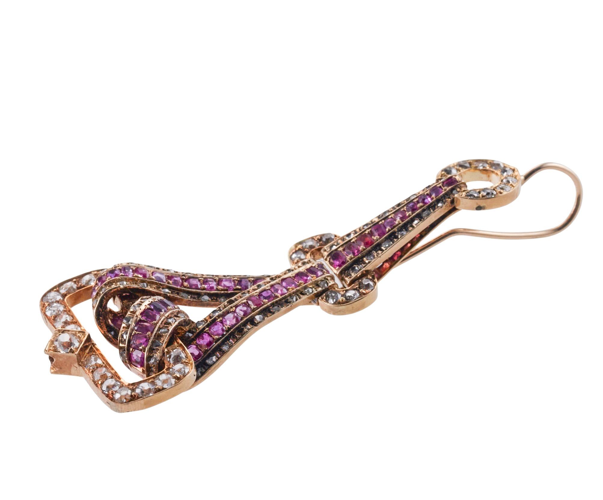 Women's Gorgeous Rose and Old Mine Cut Diamond  Ruby Gold Drop Earrings For Sale