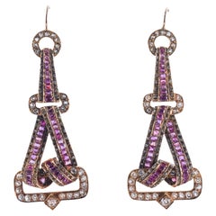 Gorgeous Rose and Old Mine Cut Diamond  Ruby Gold Drop Earrings