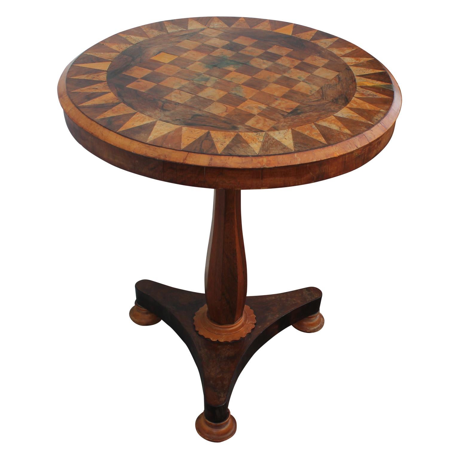 Gorgeous Round Empire Tilt Top Parquetry Game or Chess Table
