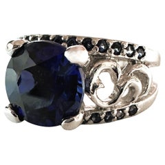 New 4.5 Carat Blue Sapphire & Diamond Cut Sapphire Sterling Ring Size 6.5
