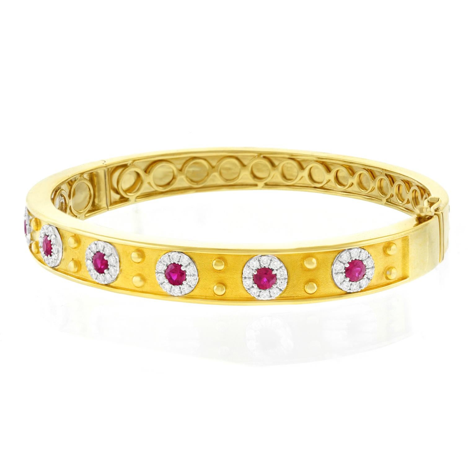 Gorgeous Ruby and Diamond set Gold Bangle by Spark Creations In Excellent Condition In Litchfield, CT