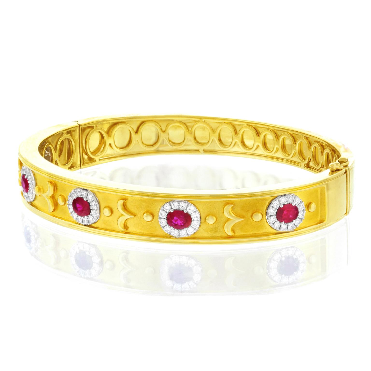 Gorgeous Ruby and Diamond set Gold Bangle by Spark Creations In Excellent Condition In Litchfield, CT