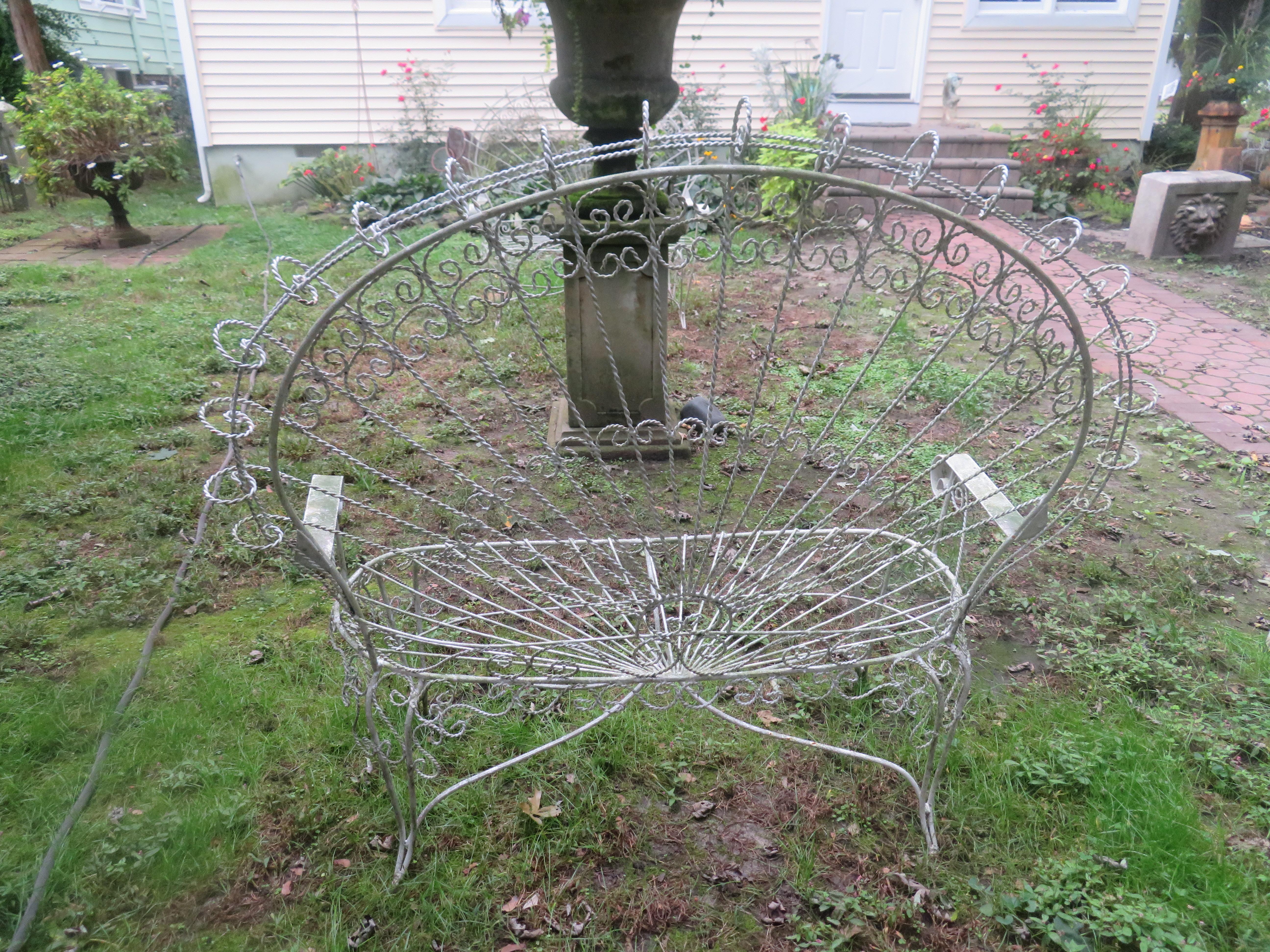 Victorian Gorgeous Salterini Style Wrought Iron Fan Back Peacock Patio Bench
