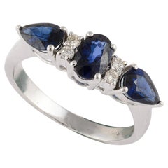 Gorgeous Sapphire Diamond Engagement Ring in 14k Solid White Gold For Her