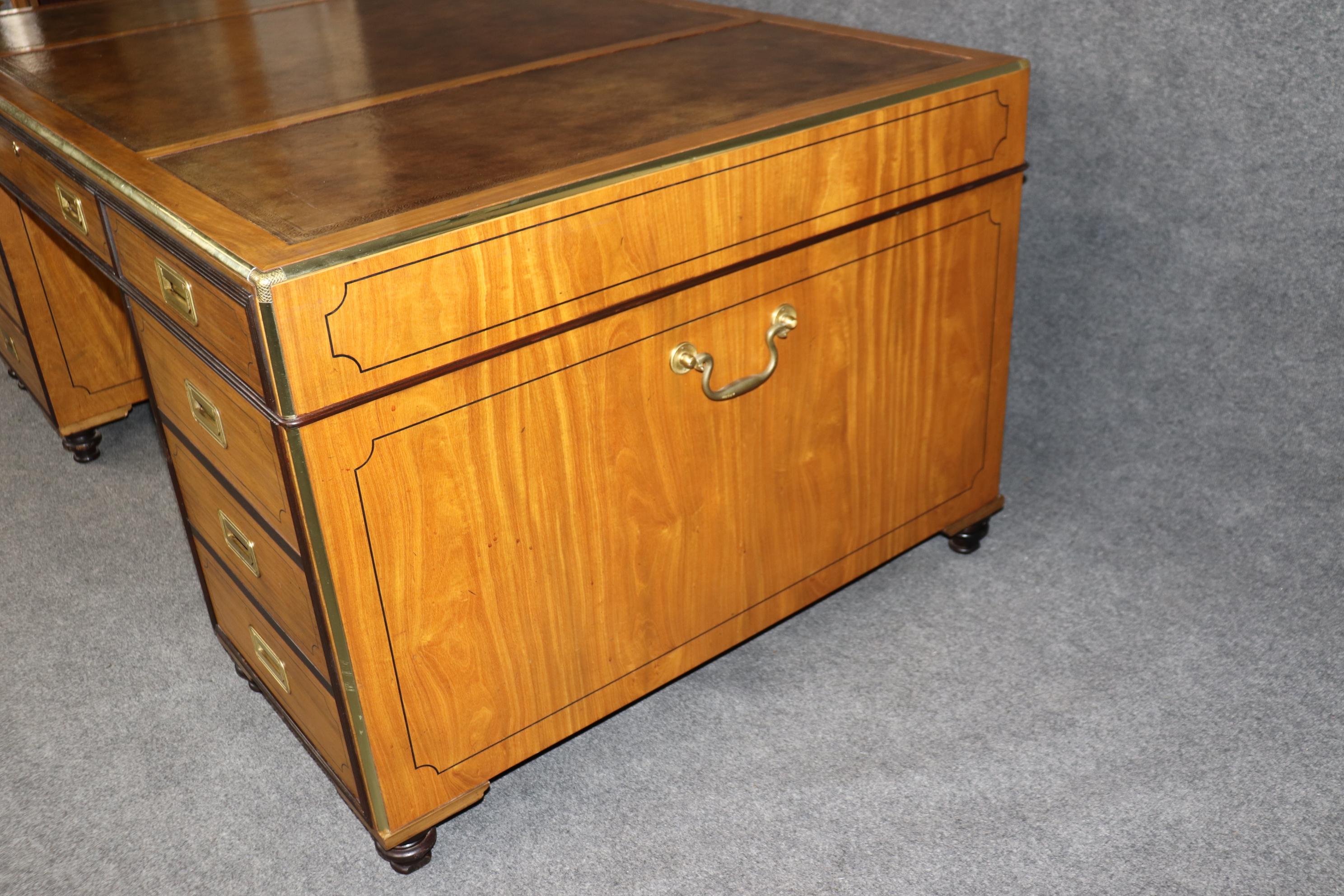 Brass Gorgeous Satinwood Baker Collector's Edition Campaign Executive Desk Circa 1950