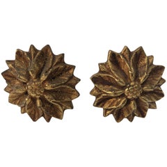 Gorgeous Set of 2 Antique French Brass Curtain Rod Ends in Sunflower Design