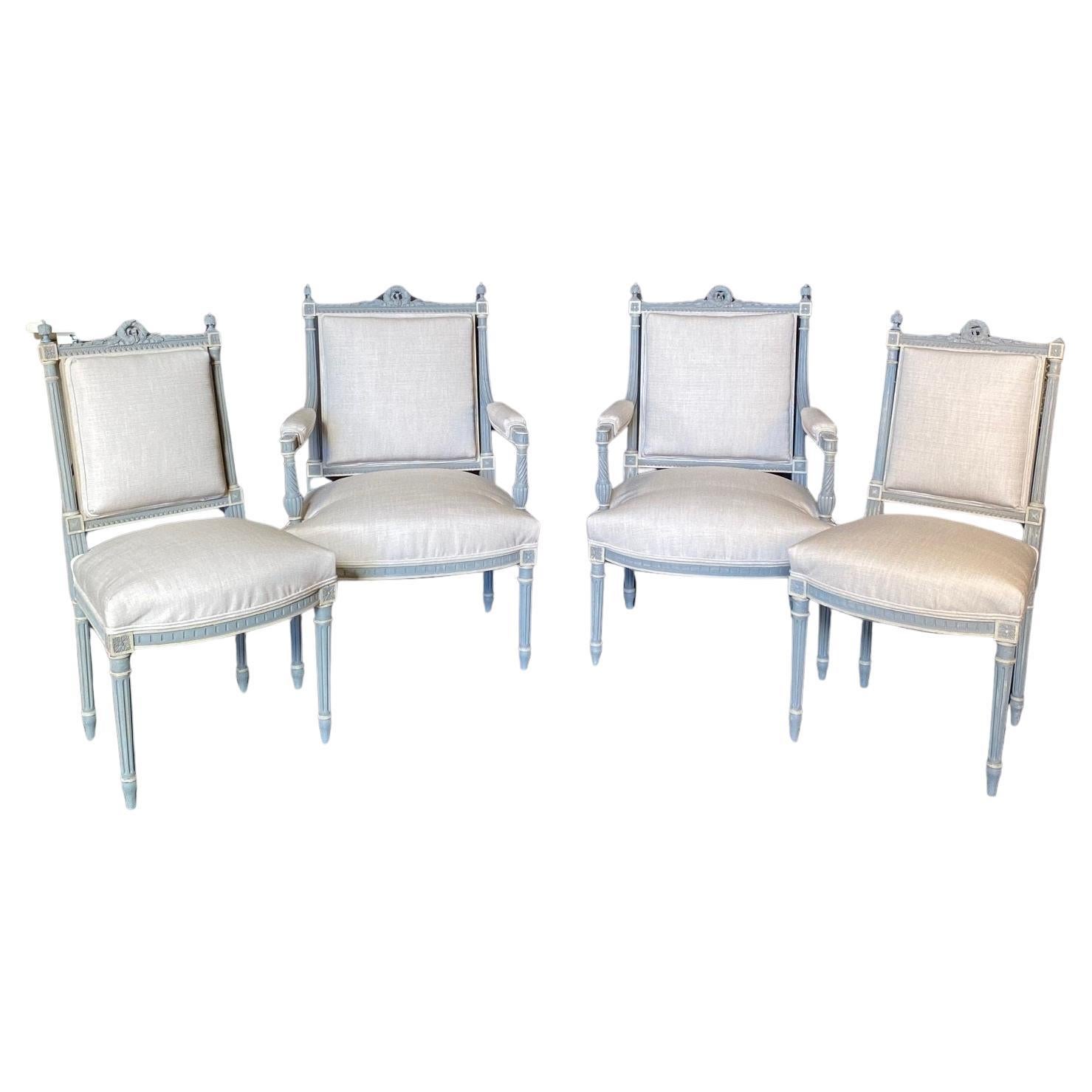 Gorgeous Set of 4 Painted and Newly Upholstered French Louis XVI Dining Chairs
