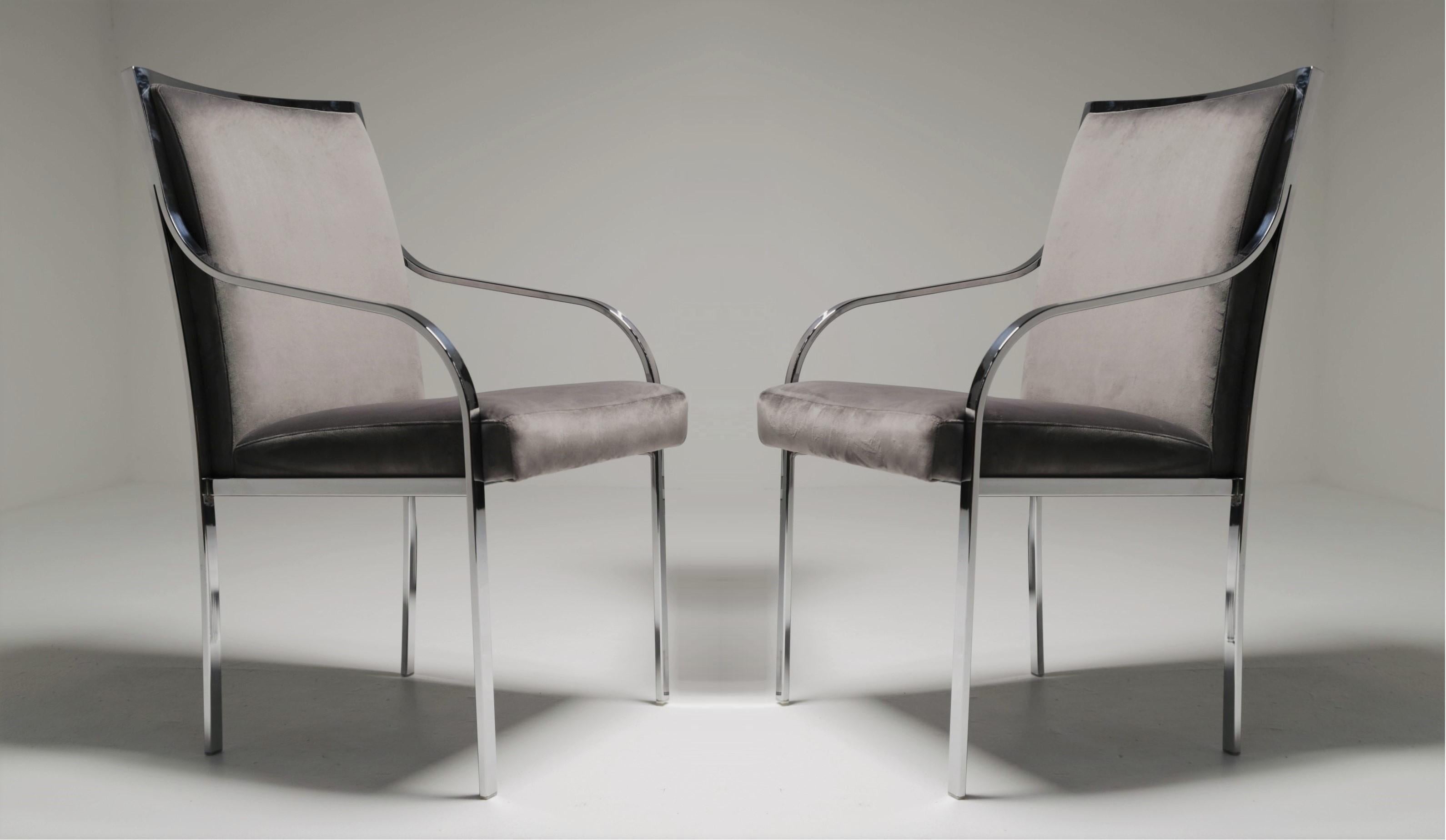 Set of six dining chairs designed by the French designer Pierre Cardin for Dillingham. The set includes two armchairs and four side chairs. Sleek midcentury chrome frames with shimmery beige velvet upholstery. Two armchairs have curved arm