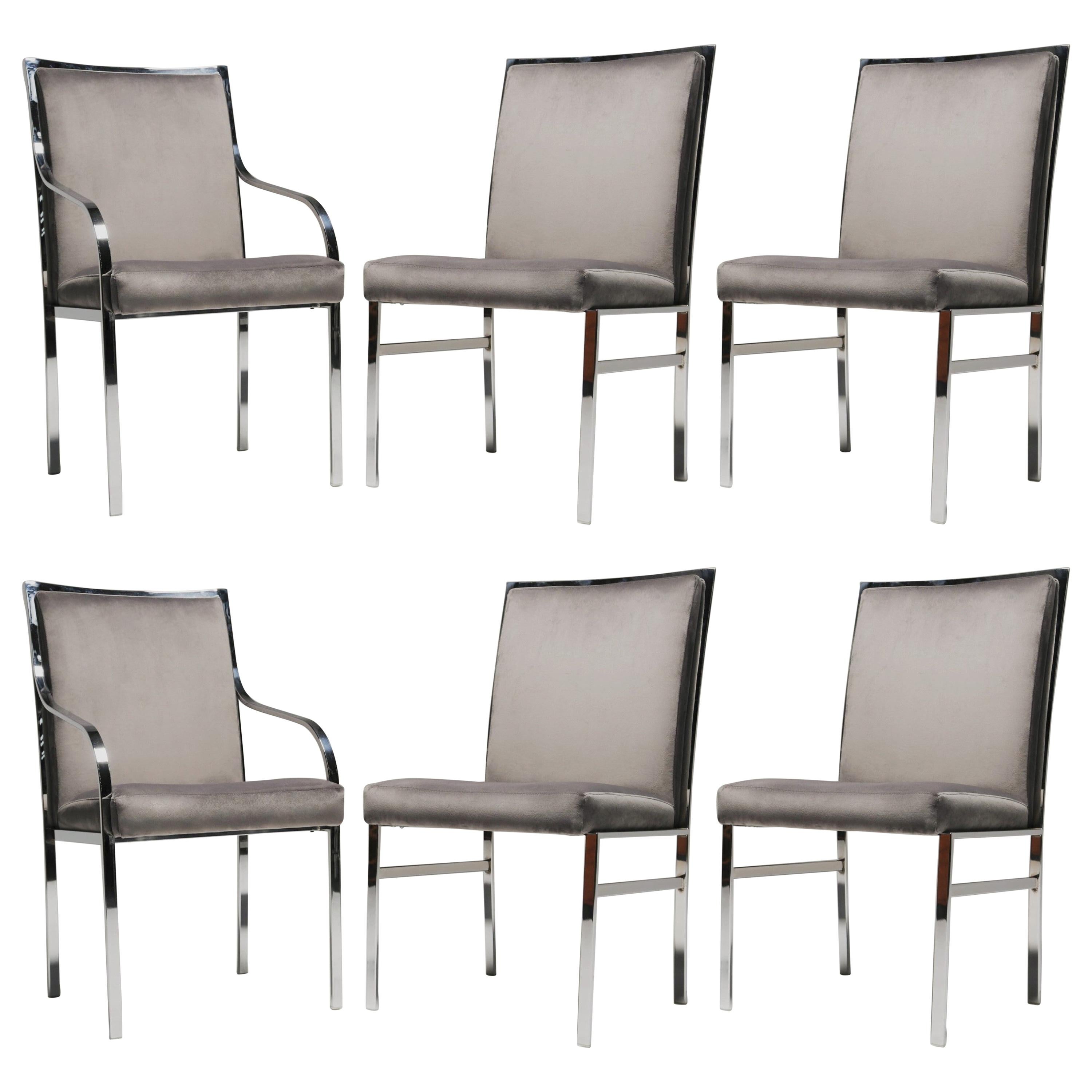 Gorgeous Set of Six Chrome and Beige Velvet Dining Chairs by Pierre Cardin